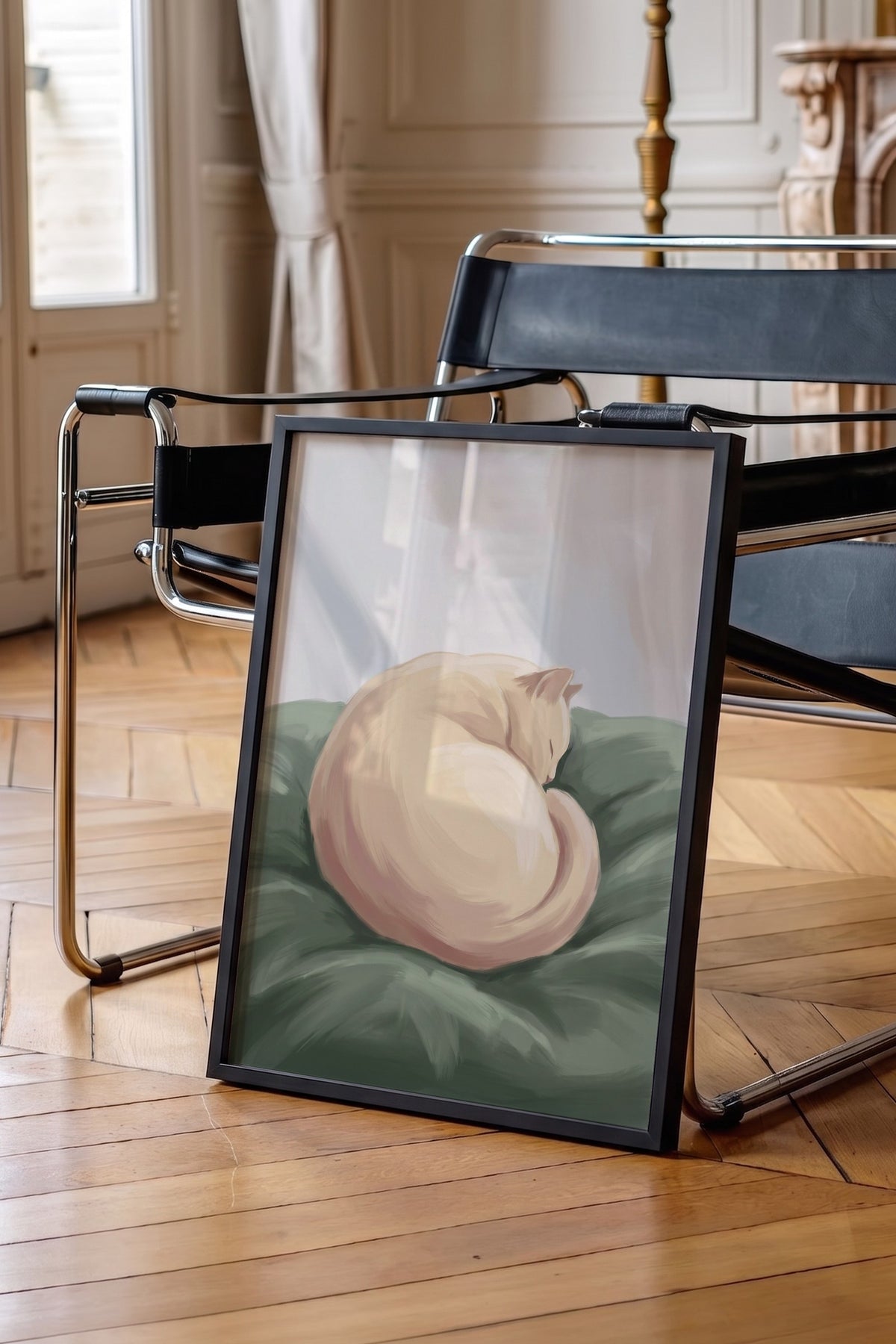 Uyuyan Kedi İllüstrasyonu Poster – Siyah Çerçeveli Tablo