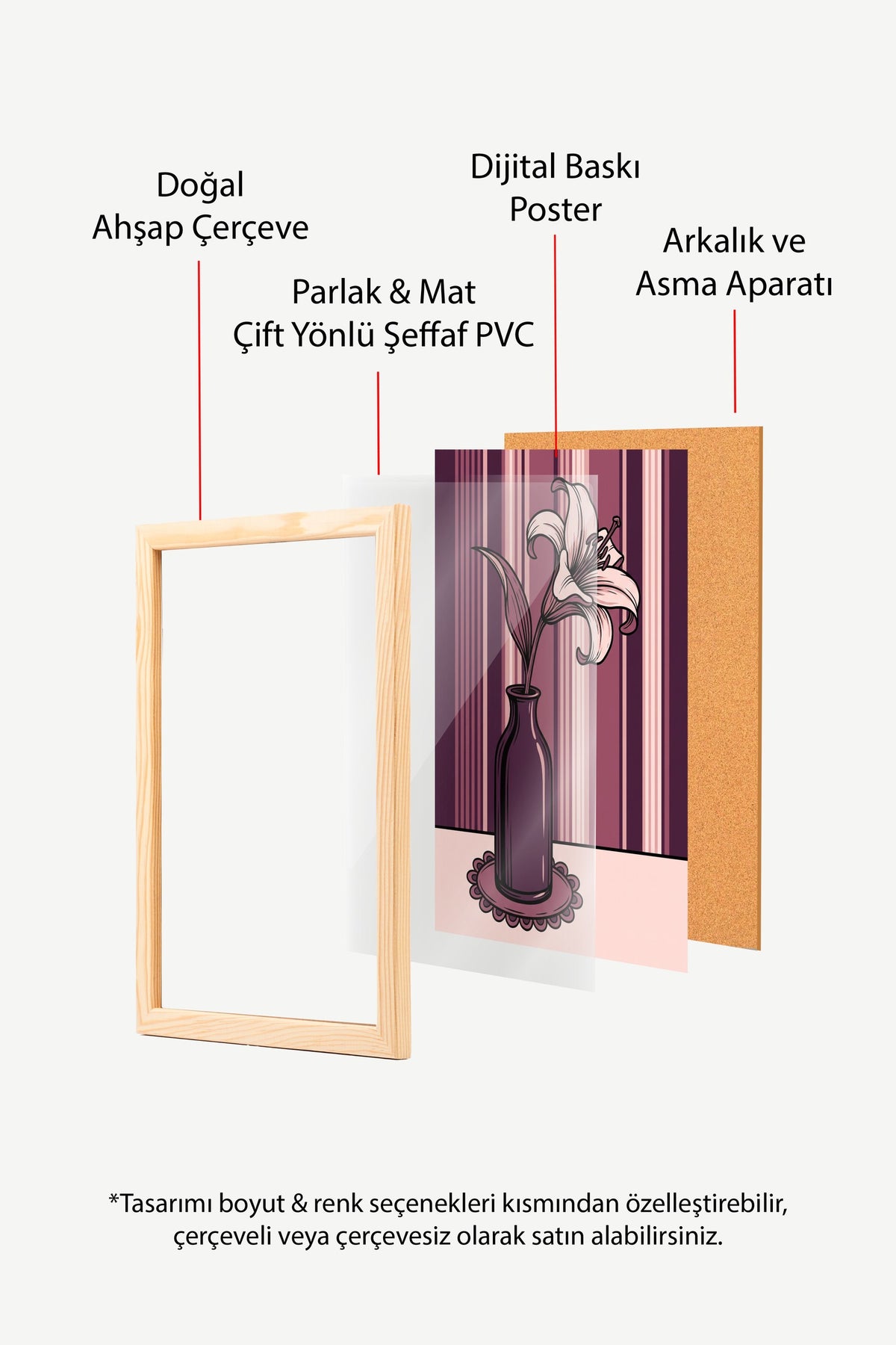 Çizgili Fon Üzerinde Vazo ve Çiçek Poster – Ahşap Çerçeveli Tablo
