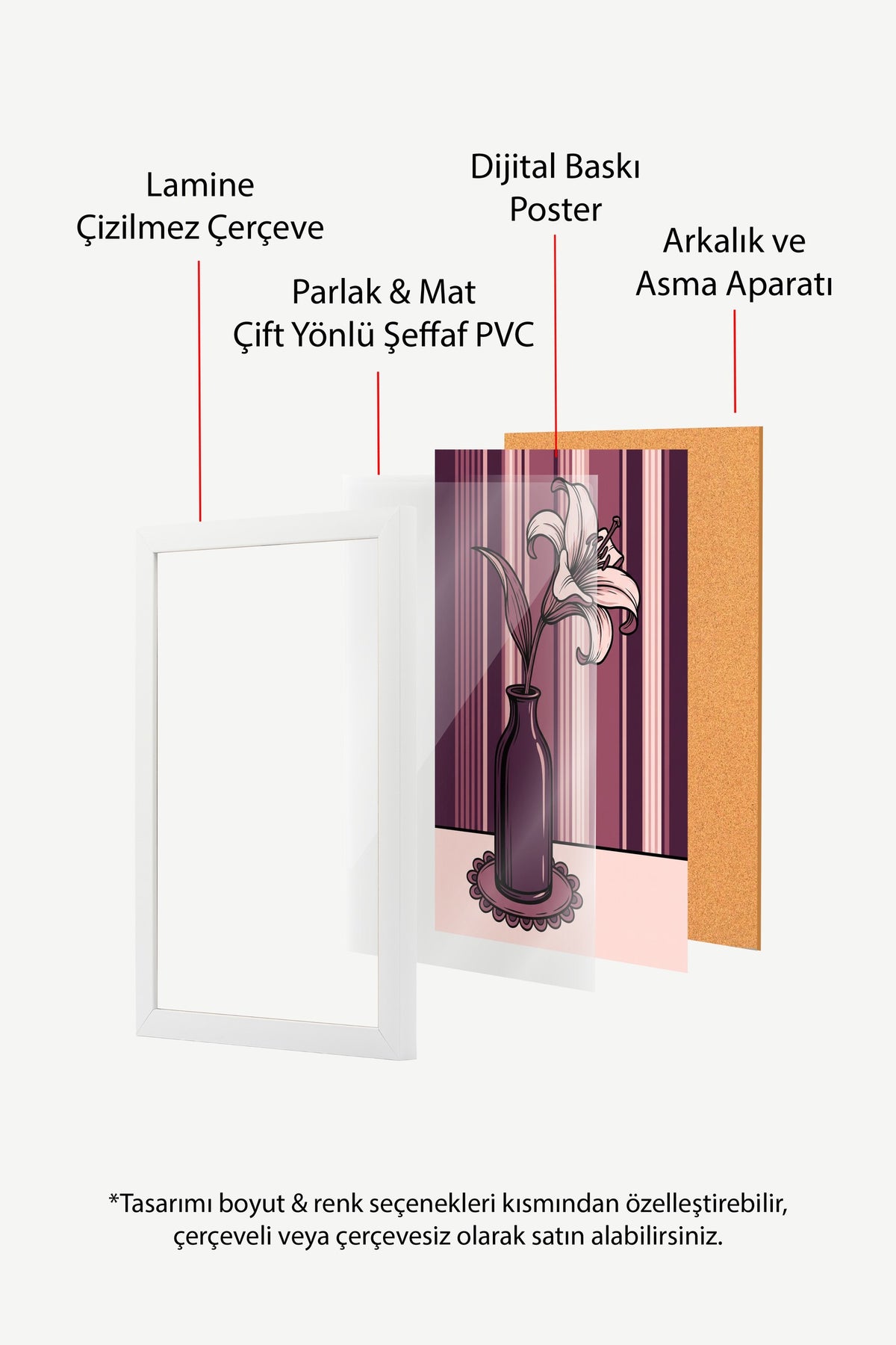 Çizgili Fon Üzerinde Vazo ve Çiçek Poster – Beyaz Çerçeveli Tablo