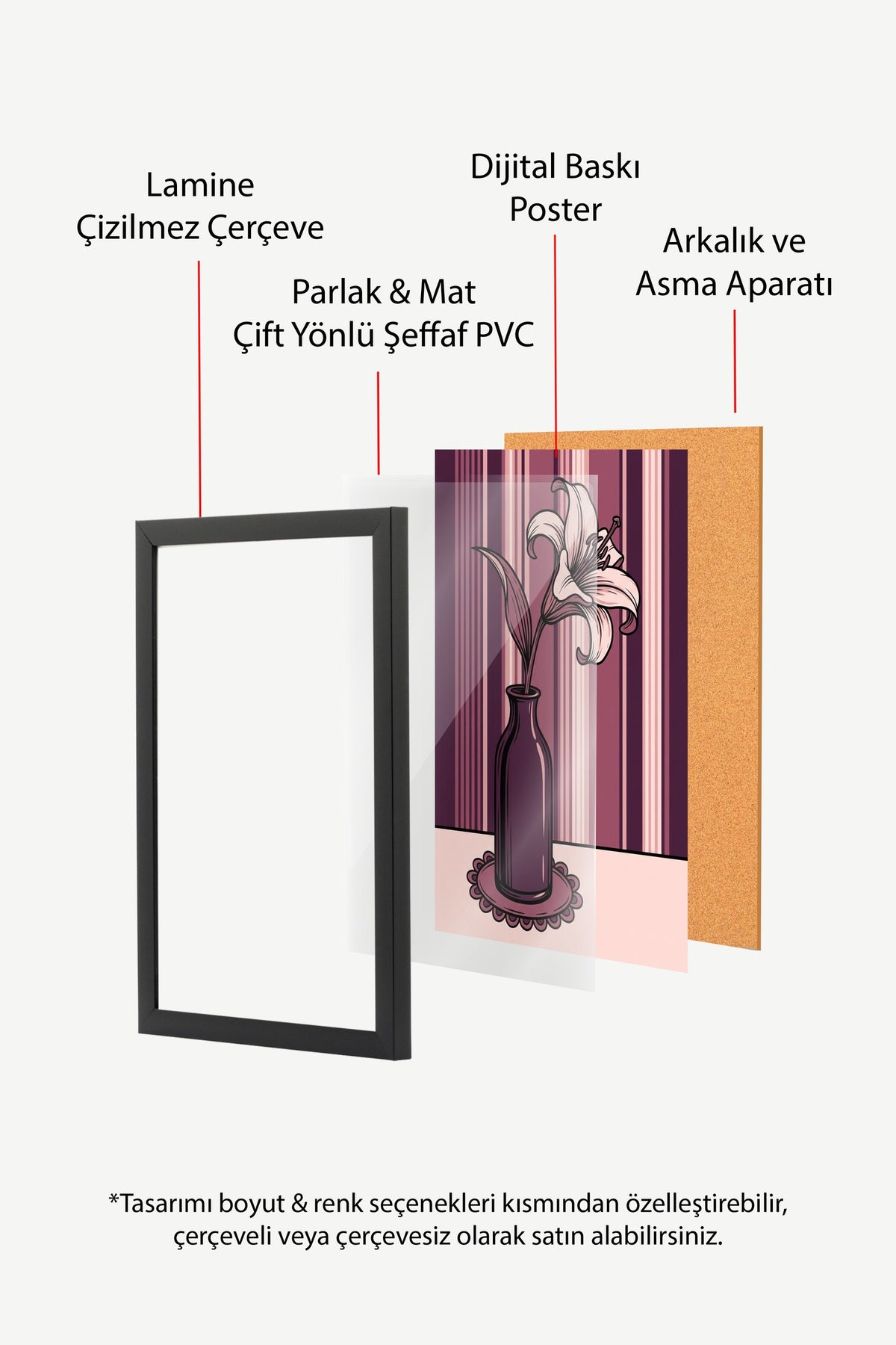 Çizgili Fon Üzerinde Vazo ve Çiçek Poster – Siyah Çerçeveli Tablo