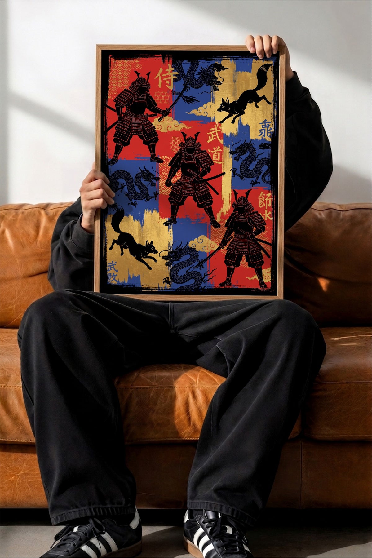 Samuray ve Ejderha İllüstrasyonu Poster – Ahşap Çerçeveli Tablo