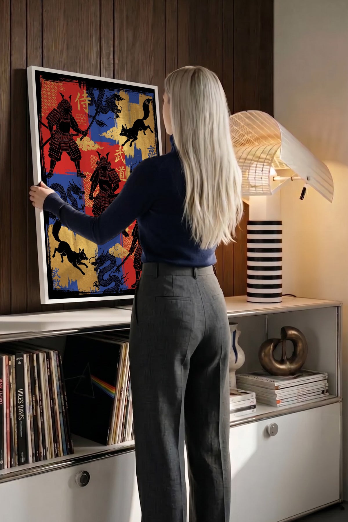 Samuray ve Ejderha İllüstrasyonu Poster – Beyaz Çerçeveli Tablo