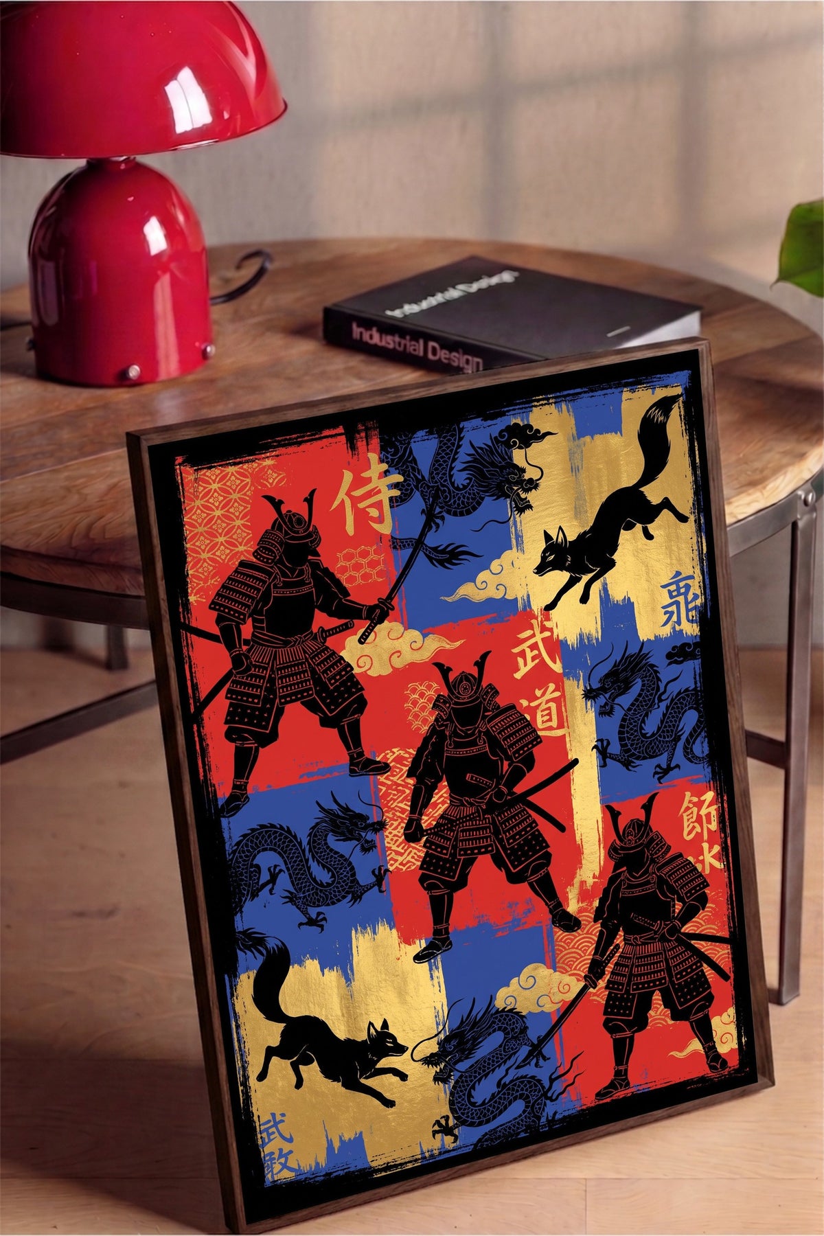 Samuray ve Ejderha İllüstrasyonu Poster – Kahverengi Çerçeveli Tablo