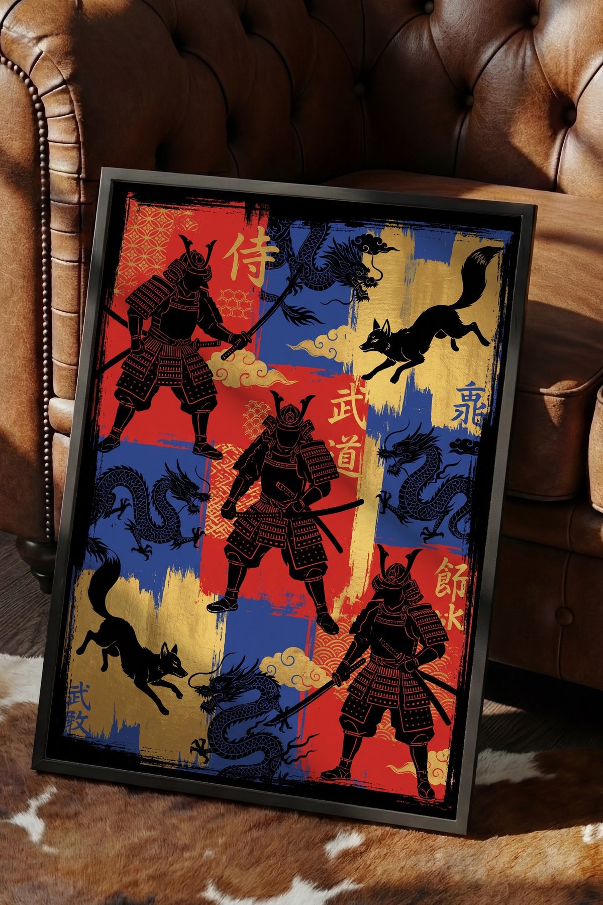 Samuray ve Ejderha İllüstrasyonu Poster – Siyah Çerçeveli Tablo