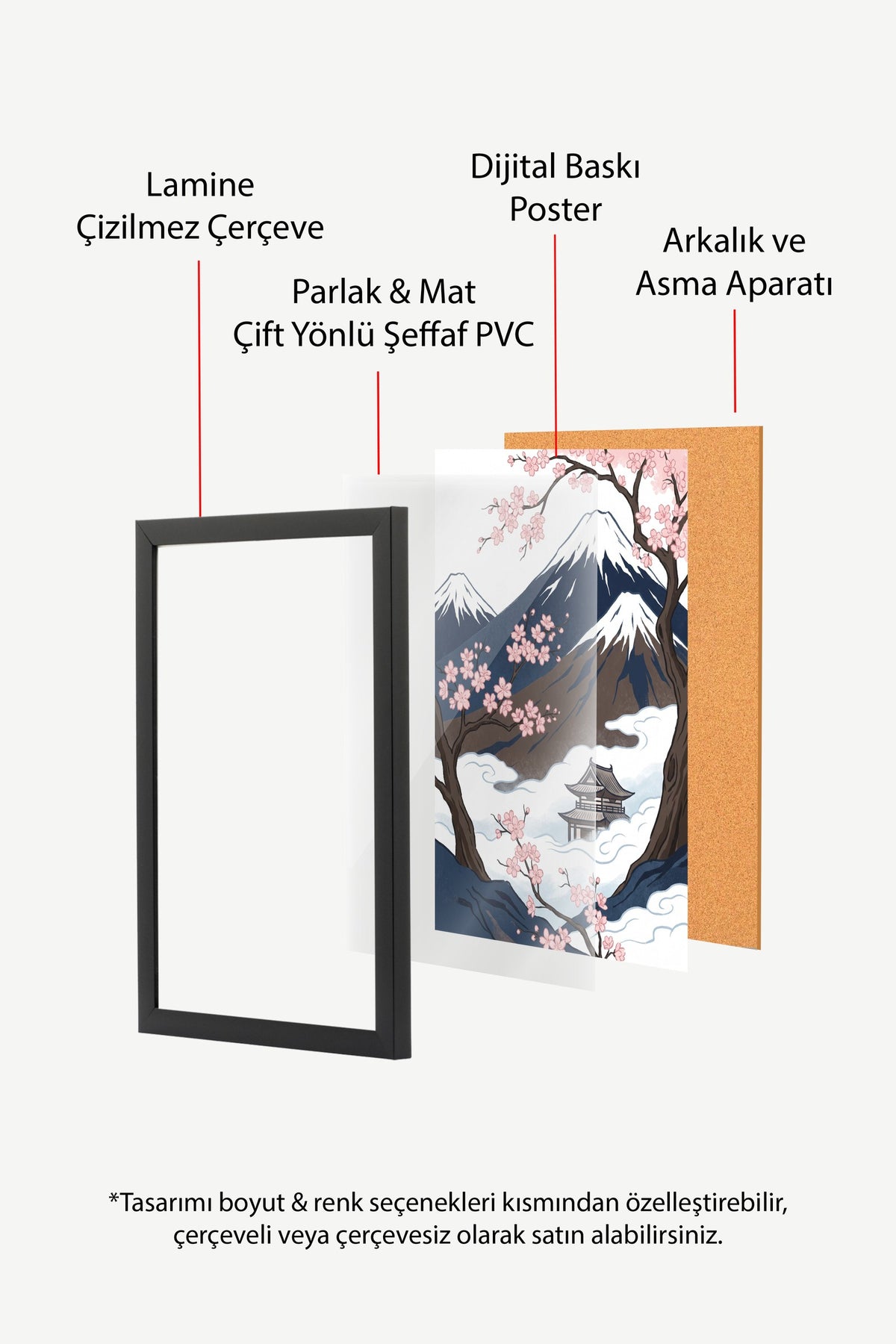Dağ Manzarası ve Kiraz Çiçekleri Poster – Siyah Çerçeveli Tablo