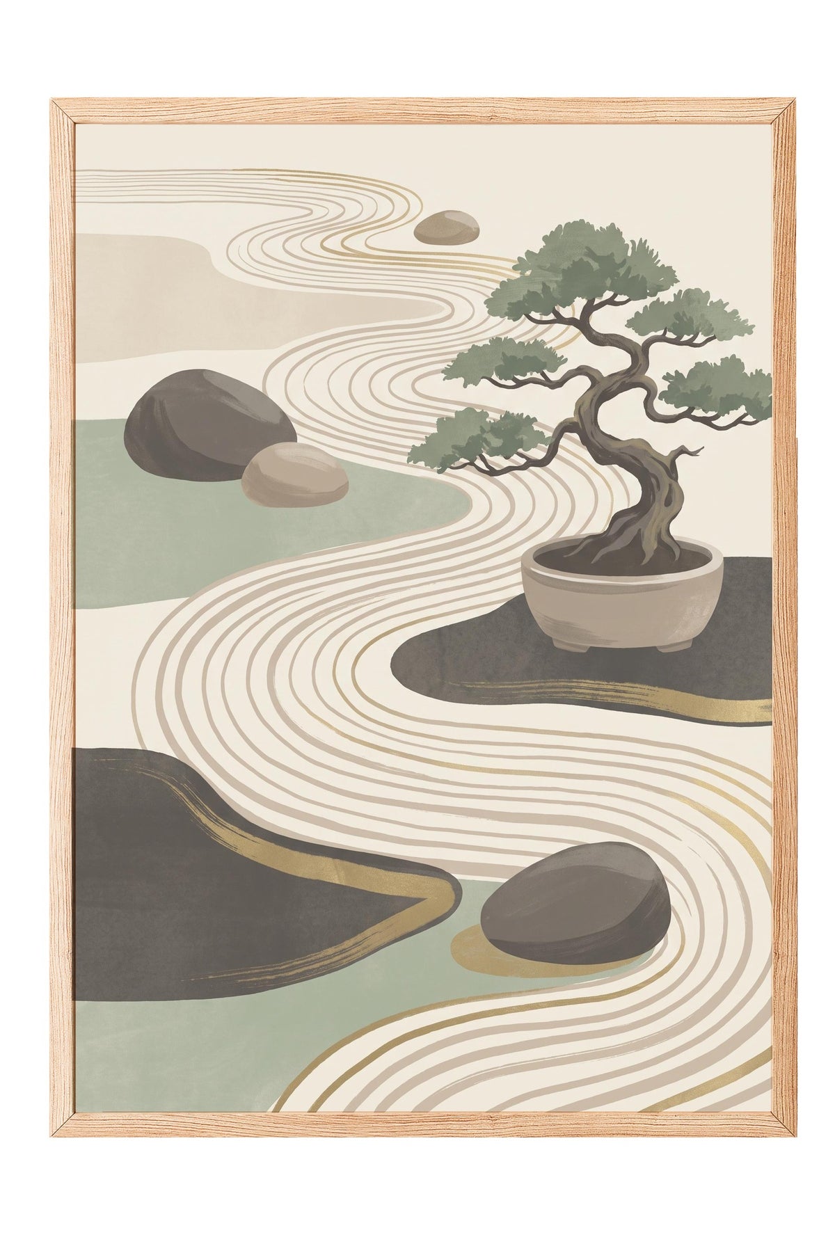 Bonsai ve Zen Bahçesi Poster – Ahşap Çerçeveli Tablo