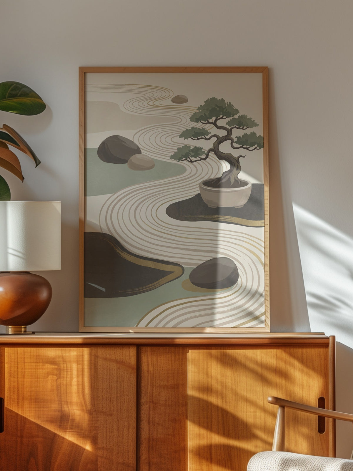 Bonsai ve Zen Bahçesi Poster – Ahşap Çerçeveli Tablo