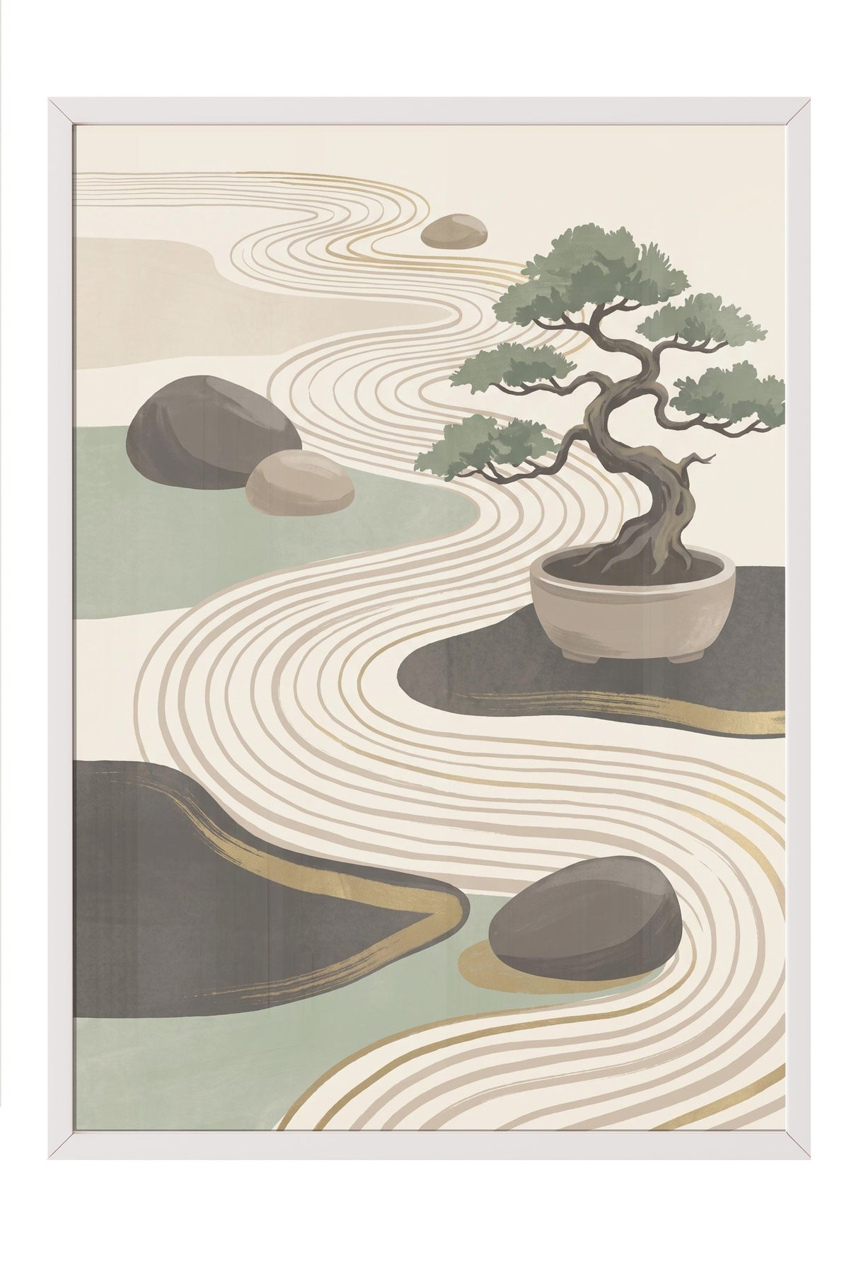 Bonsai ve Zen Bahçesi Poster – Beyaz Çerçeveli Tablo