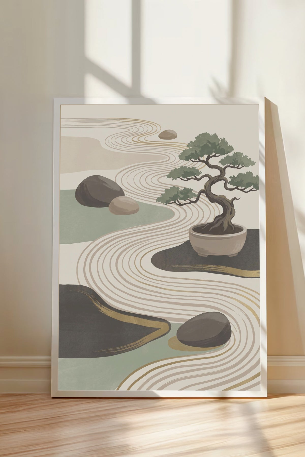 Bonsai ve Zen Bahçesi Poster – Beyaz Çerçeveli Tablo