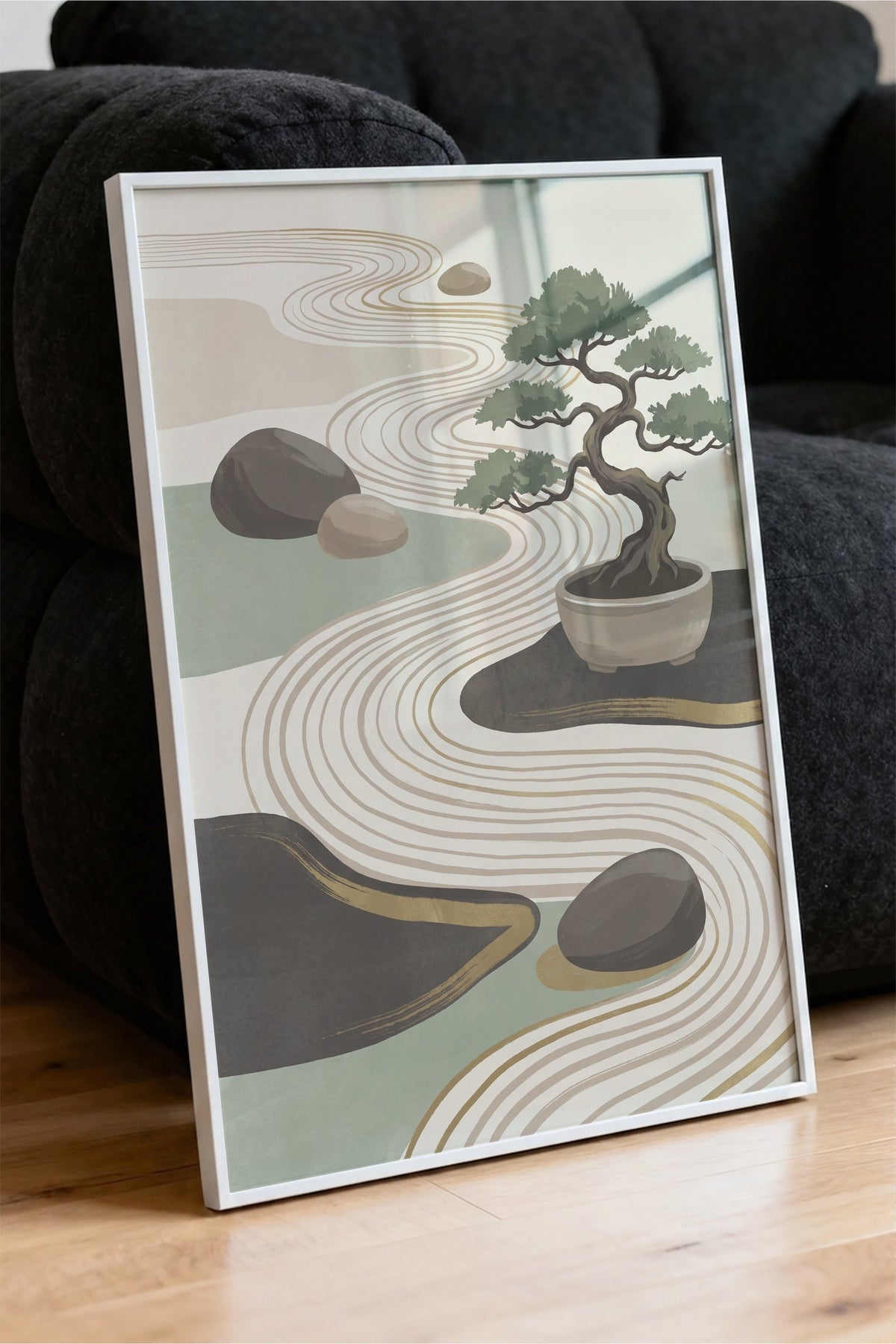 Bonsai ve Zen Bahçesi Poster – Beyaz Çerçeveli Tablo
