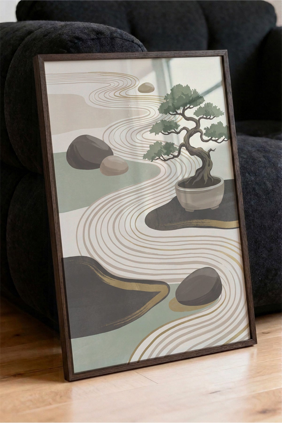 Bonsai ve Zen Bahçesi Poster – Kahverengi Çerçeveli Tablo