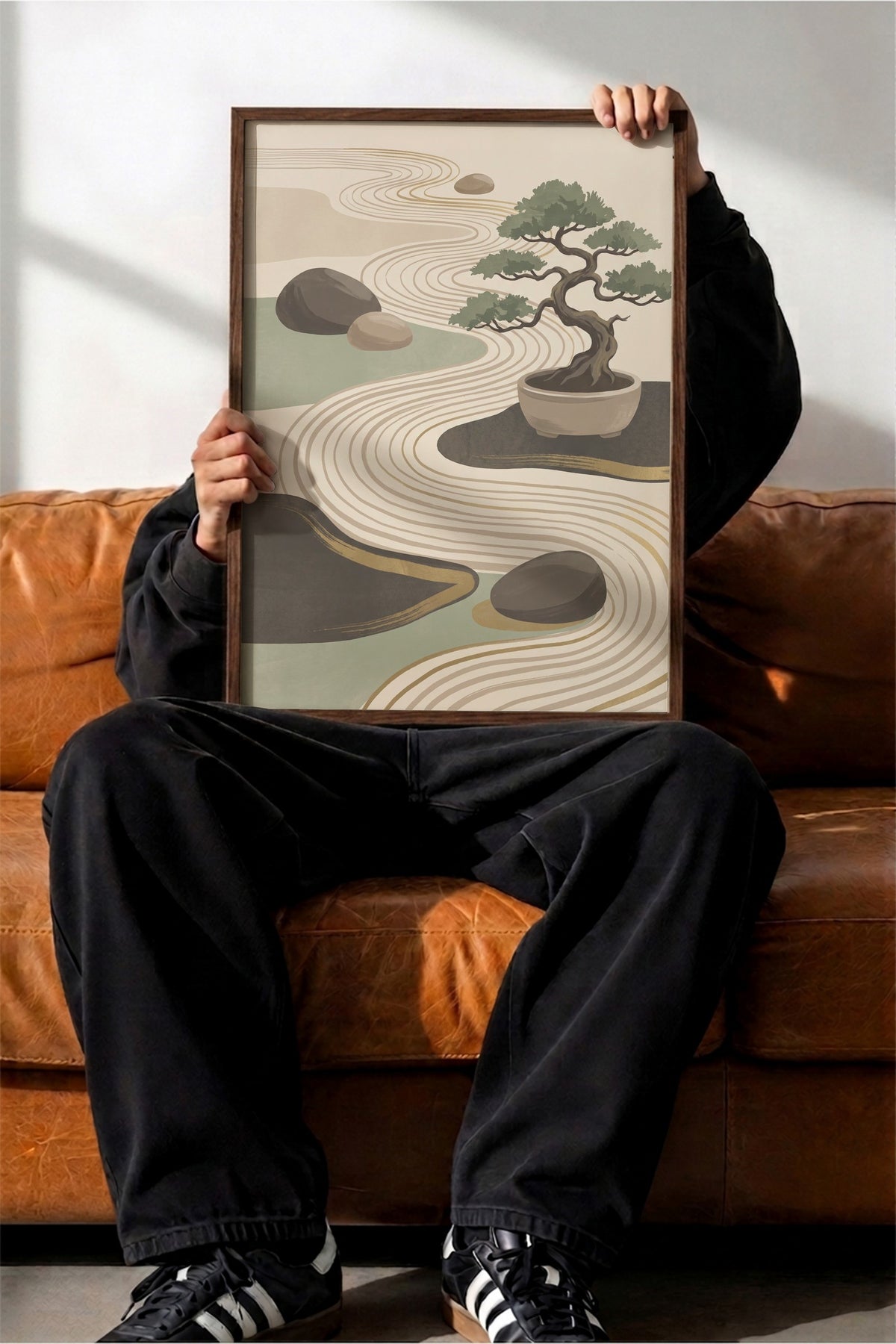 Bonsai ve Zen Bahçesi Poster – Kahverengi Çerçeveli Tablo