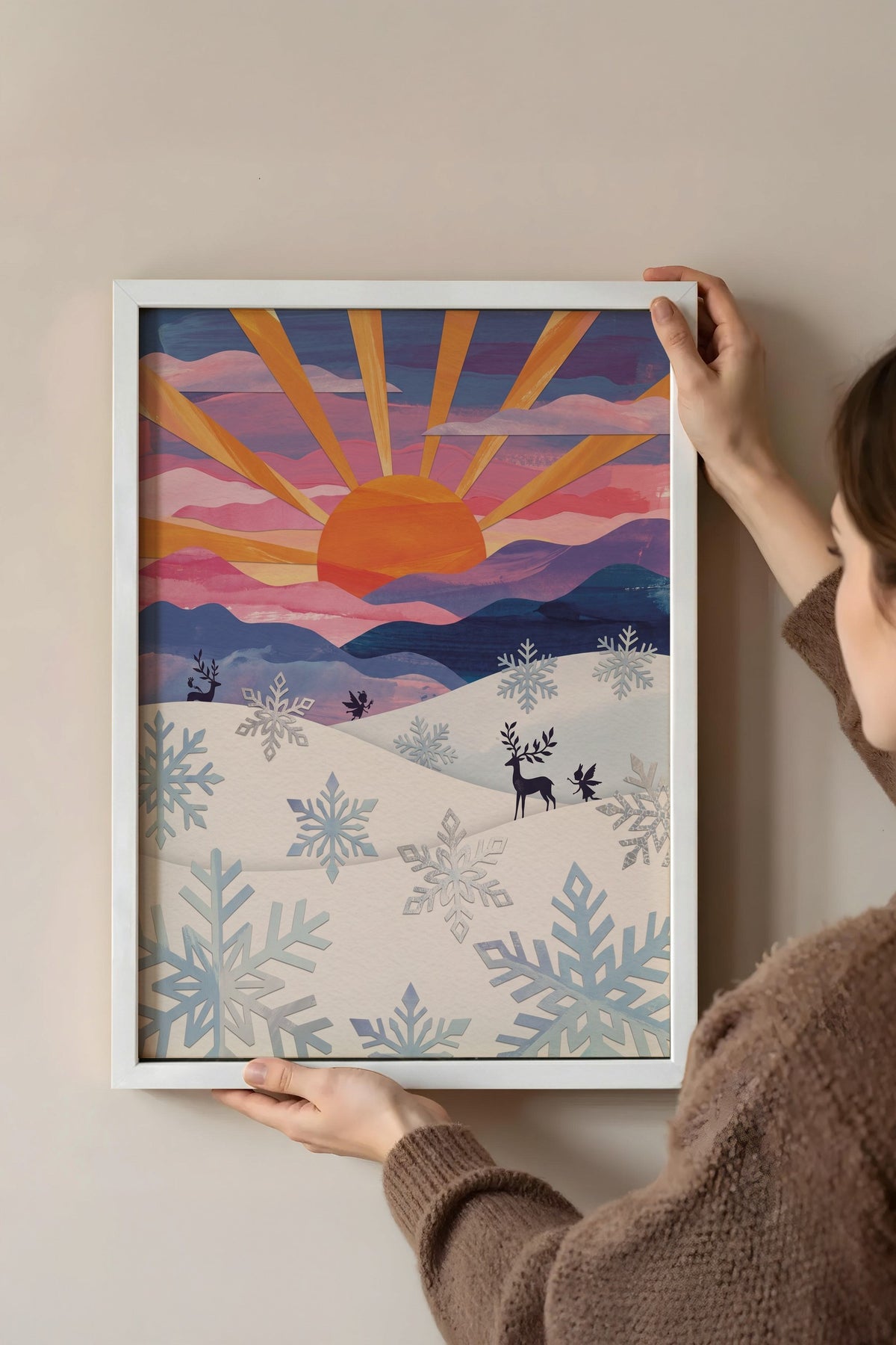 Kış Güneşi ve Kar Taneleri Poster – Beyaz Çerçeveli Tablo