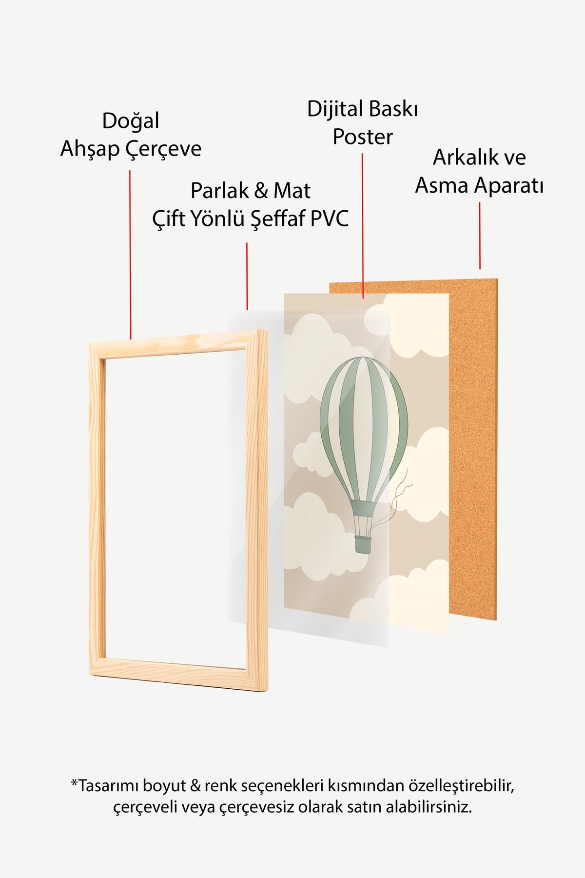 Minimalist Uçan Balon ve Bulutlar Poster – Ahşap Çerçeveli Tablo