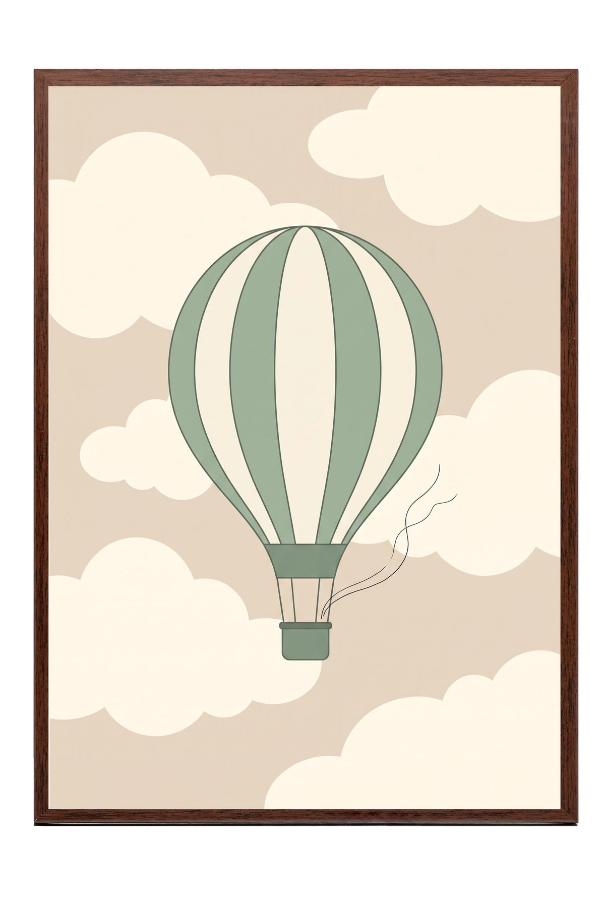 Minimalist Uçan Balon ve Bulutlar Poster – Kahverengi Çerçeveli Tablo