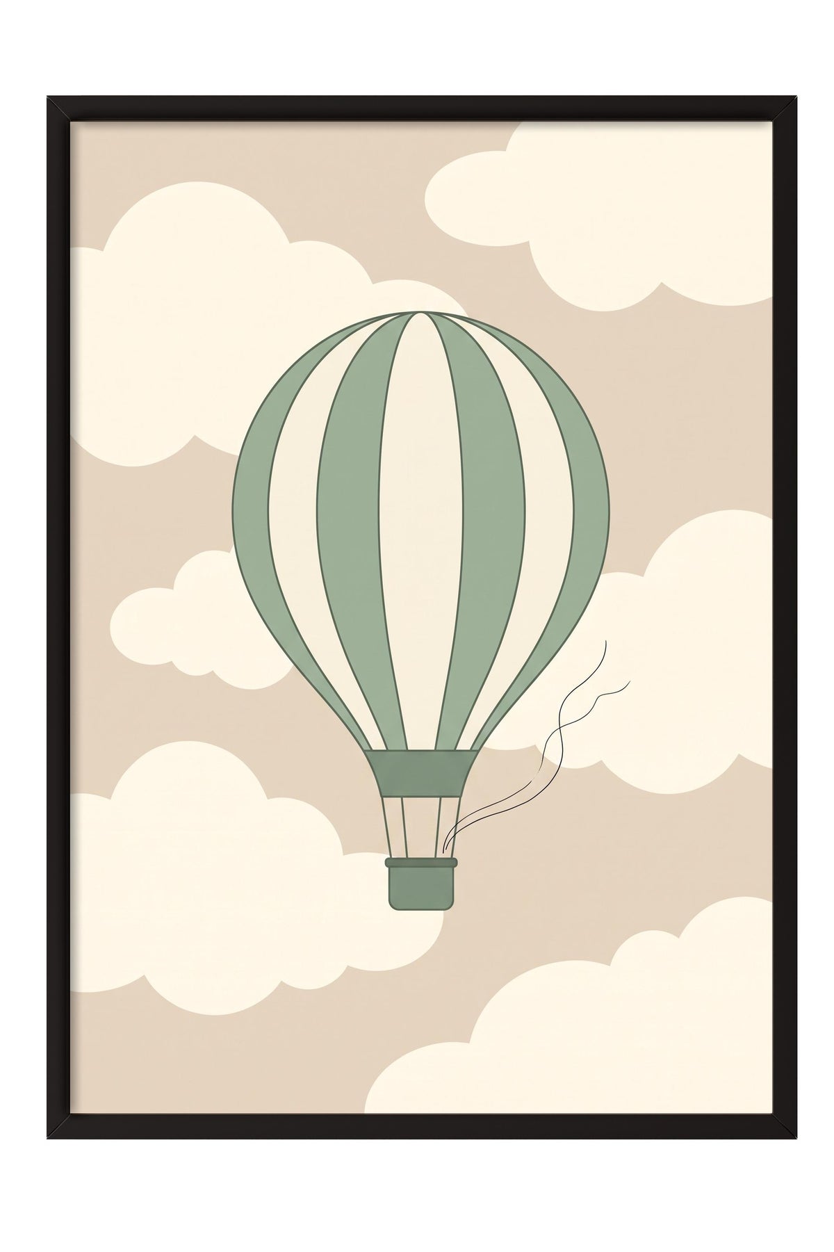 Minimalist Uçan Balon ve Bulutlar Poster – Siyah Çerçeveli Tablo