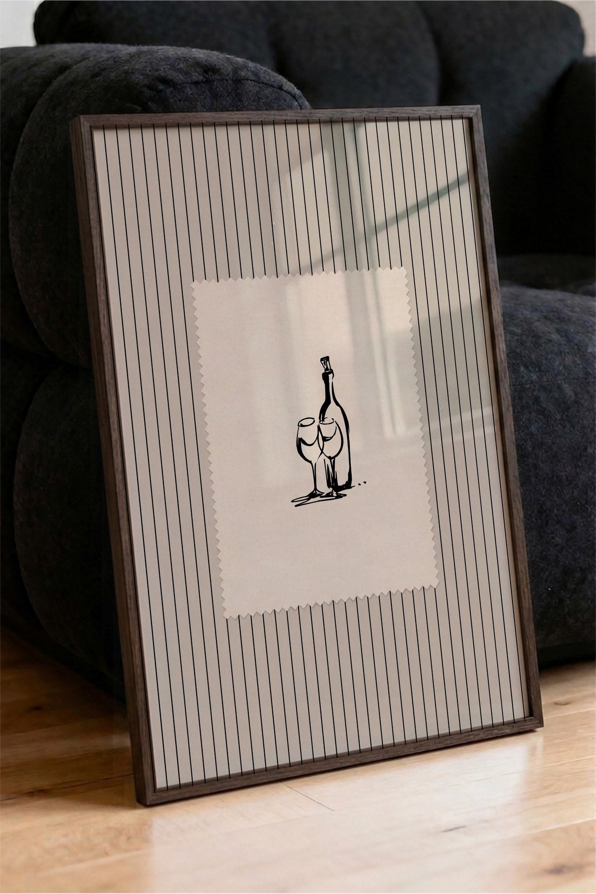 Şişe ve Kadeh Çizimi Poster – Kahverengi Çerçeveli Tablo