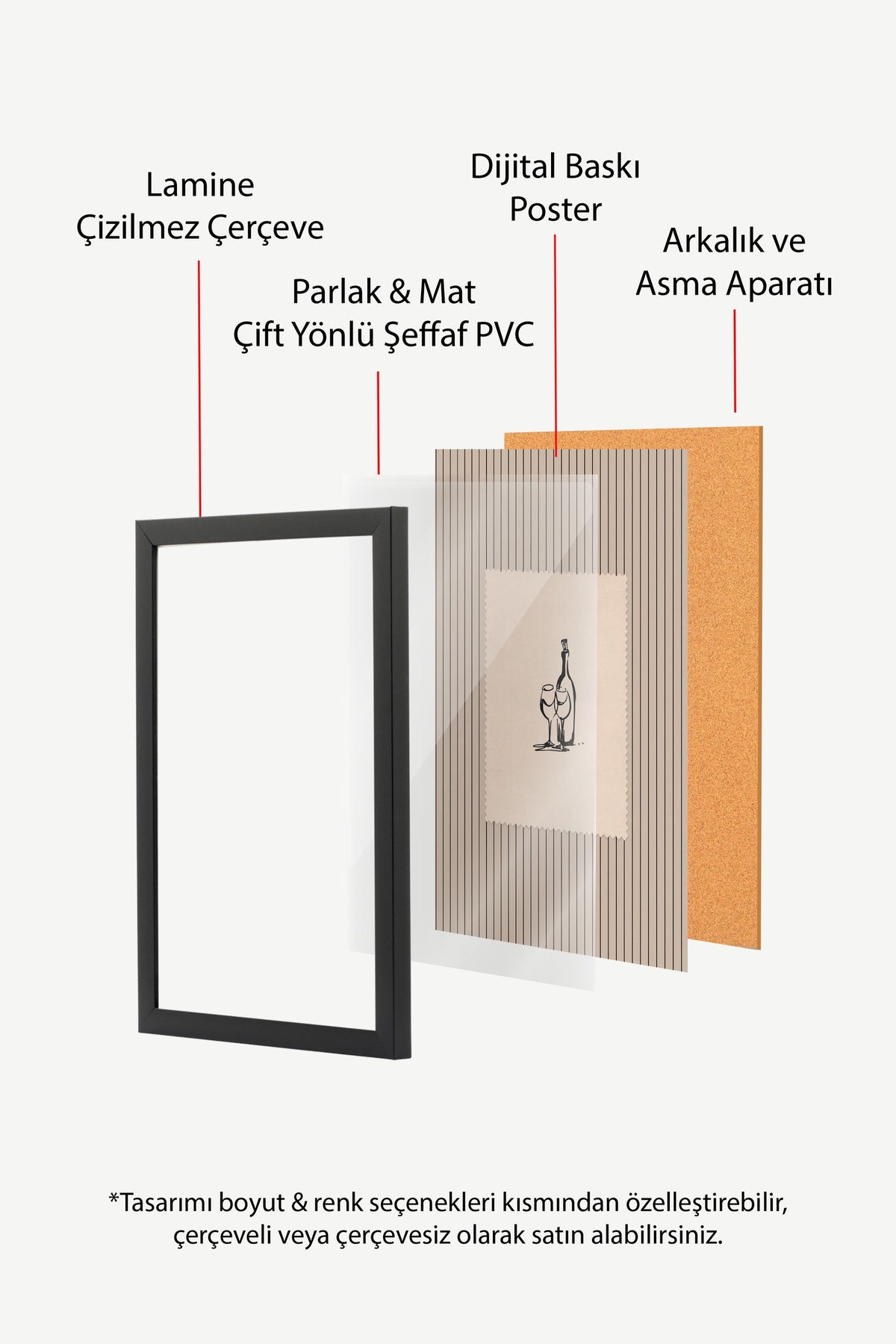 Şişe ve Kadeh Çizimi Poster – Siyah Çerçeveli Tablo