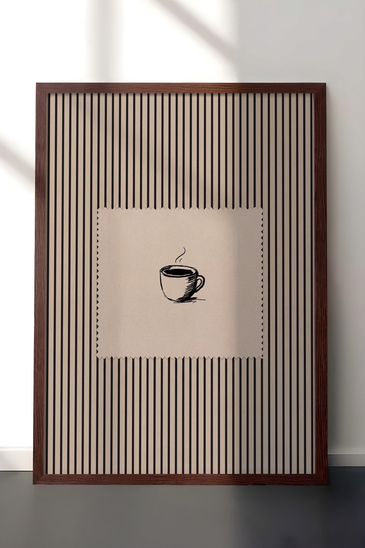 Fincan Çizimi Çizgili Desen Poster – Kahverengi Çerçeveli Tablo