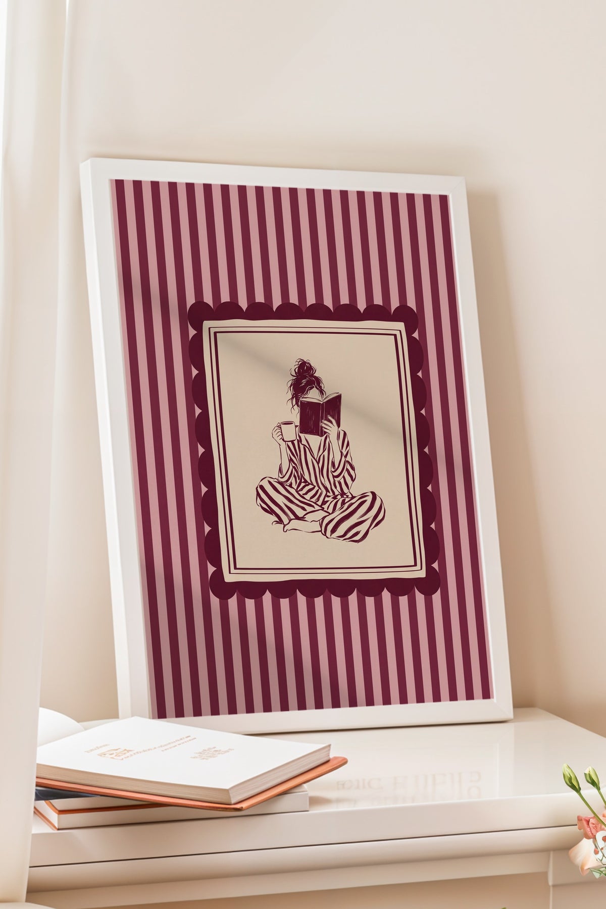 Kahve ve Kitap ile Rahatlama Poster – Beyaz Çerçeveli Tablo