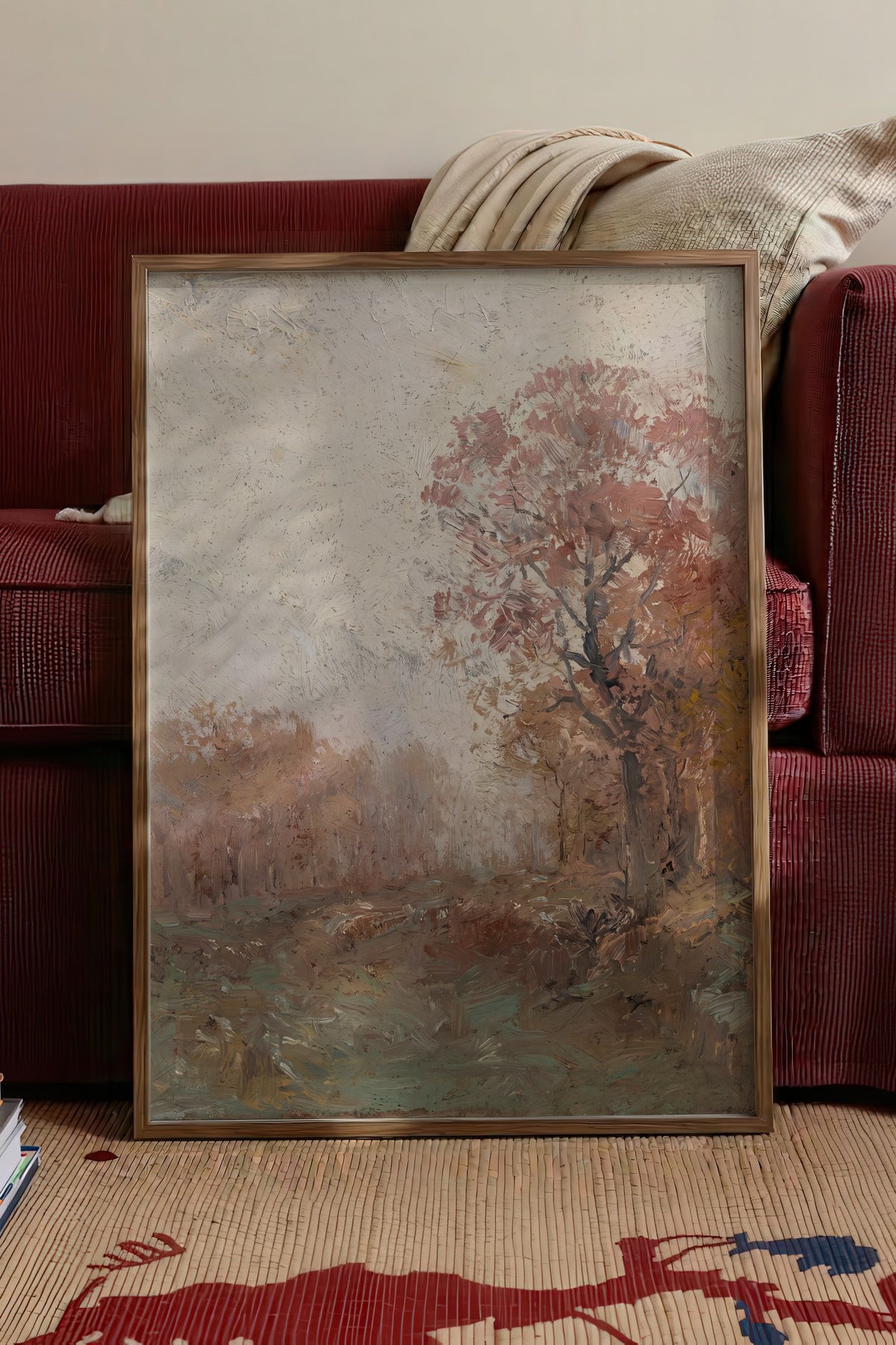 Sonbahar Manzarası Yağlı Boya Poster – Kahverengi Çerçeveli Tablo