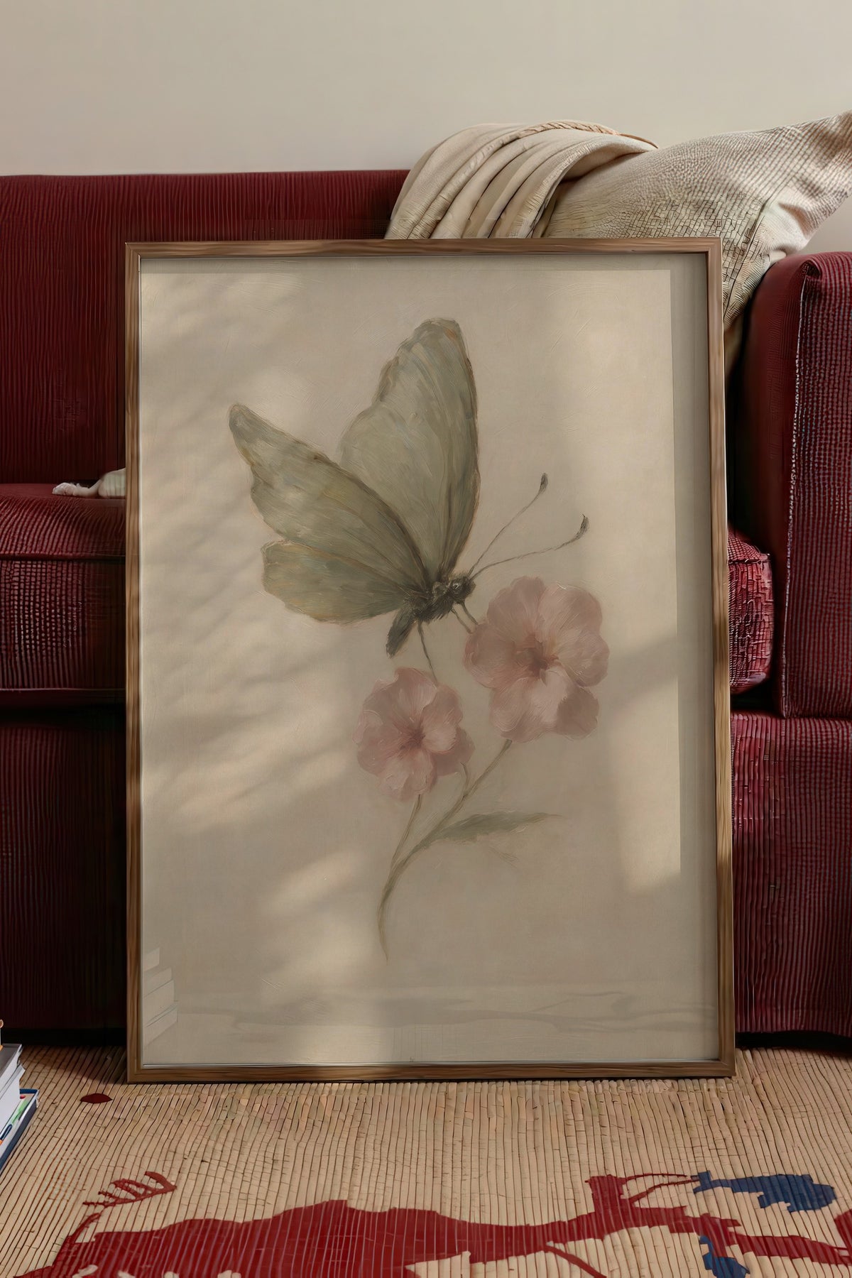 Pastel Çiçekli Kelebek Poster – Kahverengi Çerçeveli Tablo