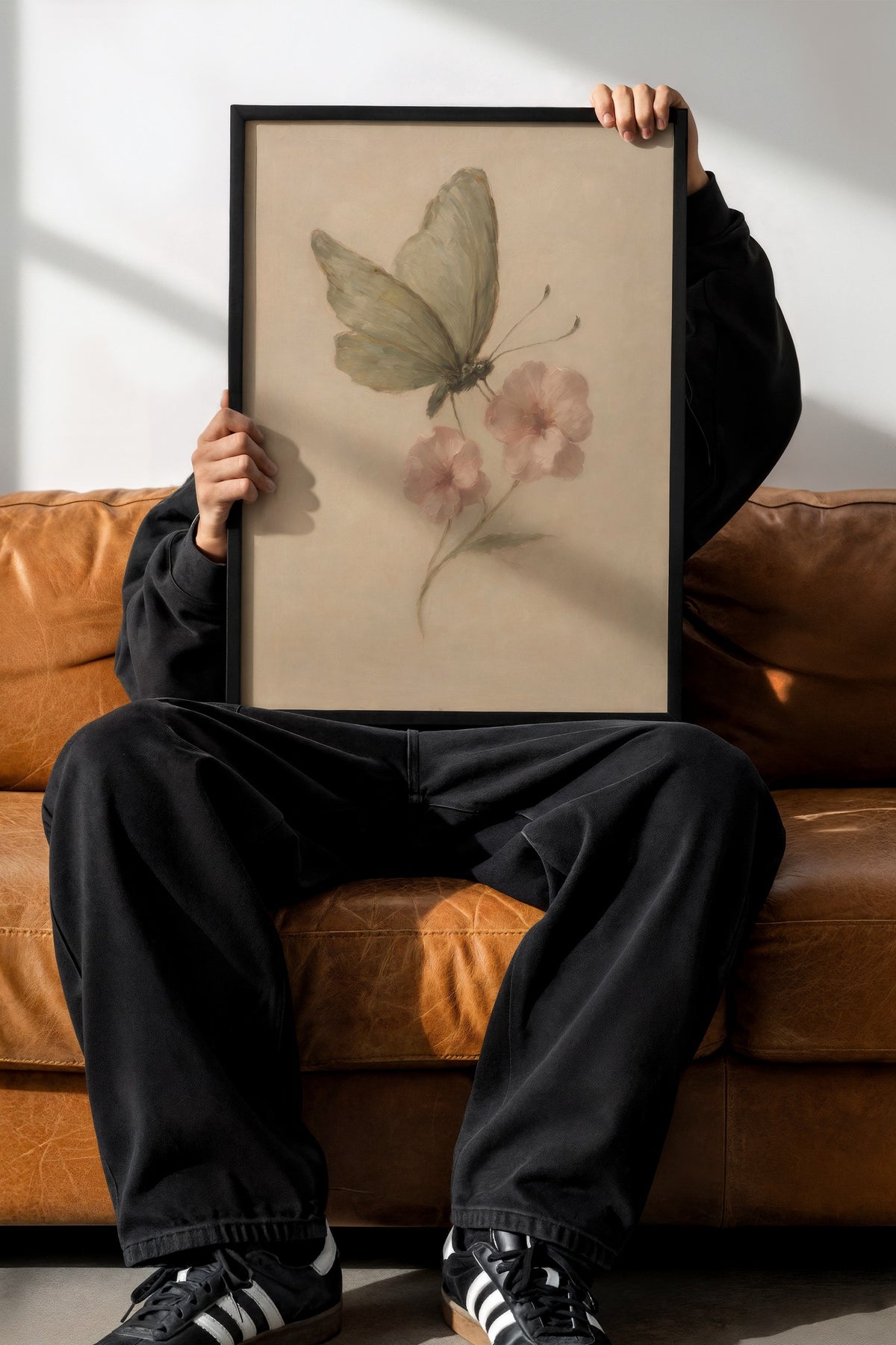Pastel Çiçekli Kelebek Poster – Siyah Çerçeveli Tablo