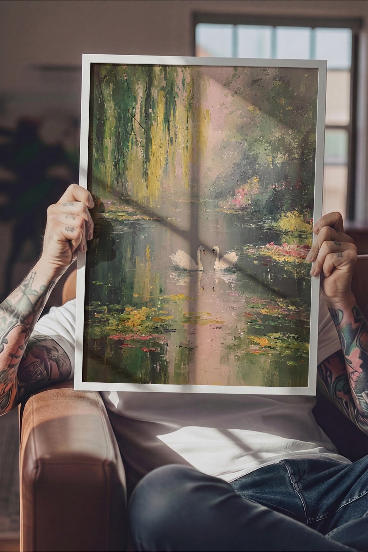 Gölet Üzerinde Kuğular Poster – Beyaz Çerçeveli Tablo