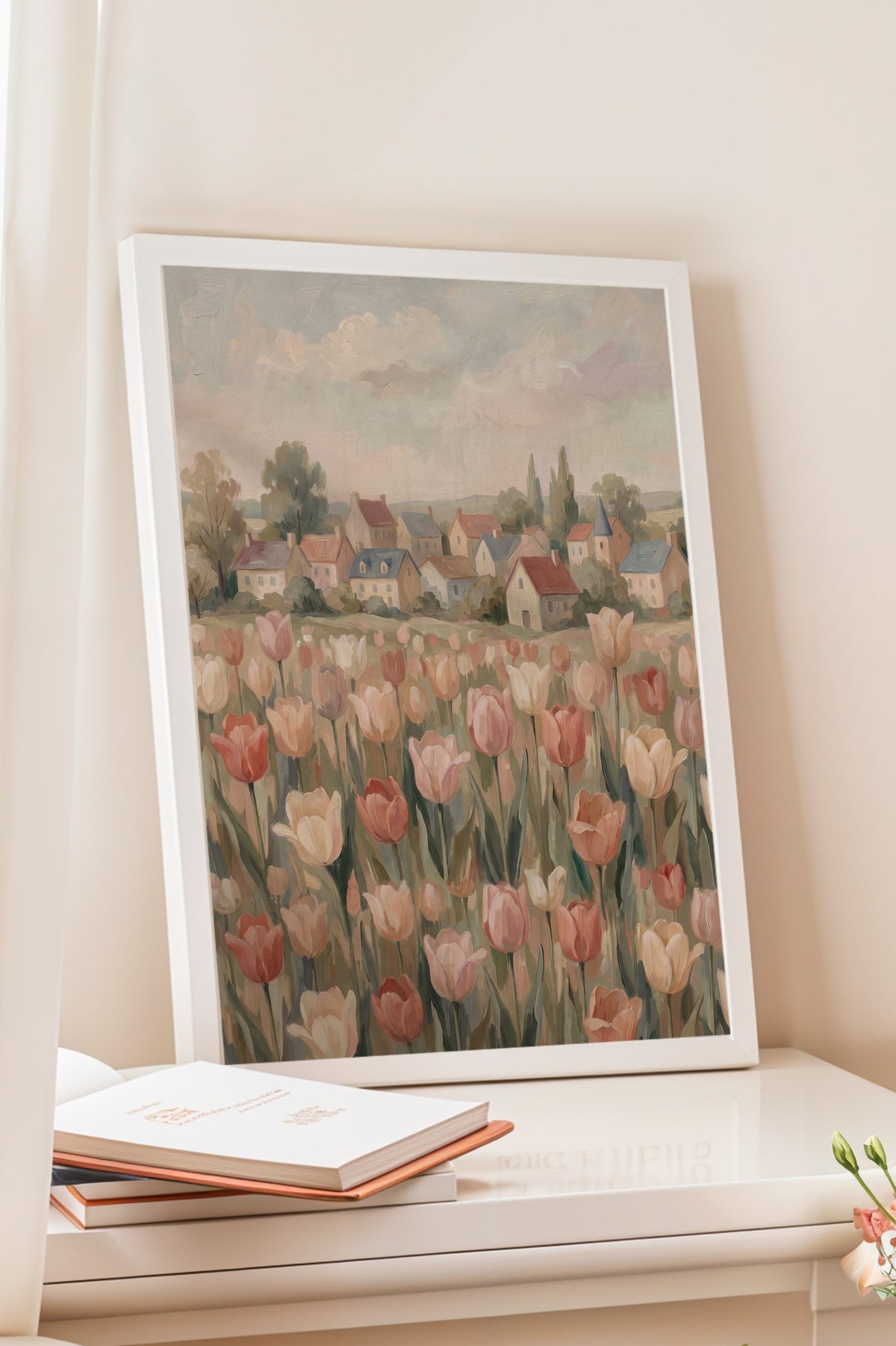 Köy Manzarasında Lale Bahçesi Poster – Beyaz Çerçeveli Tablo
