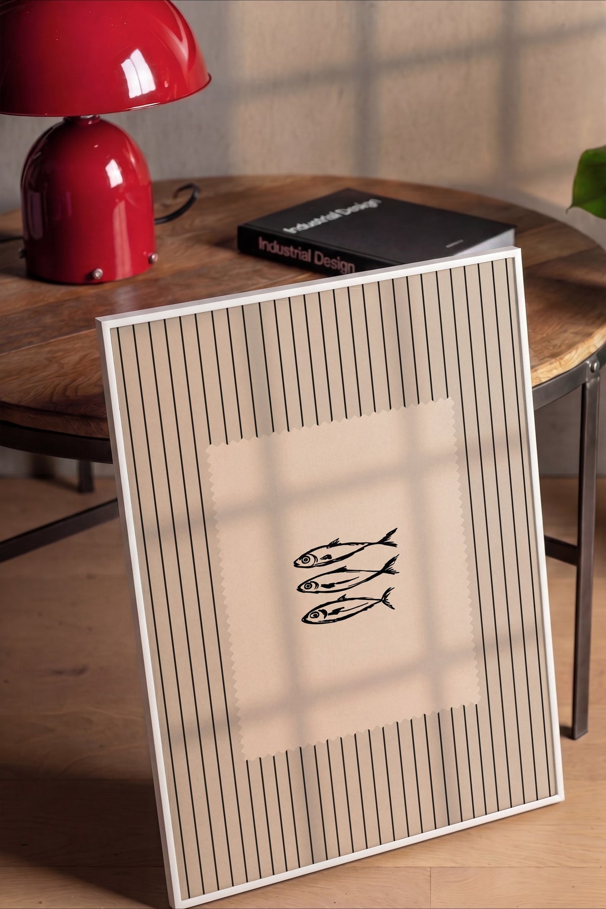 Çizgili Arka Plan Üzerinde Balıklar Poster – Beyaz Çerçeveli Tablo