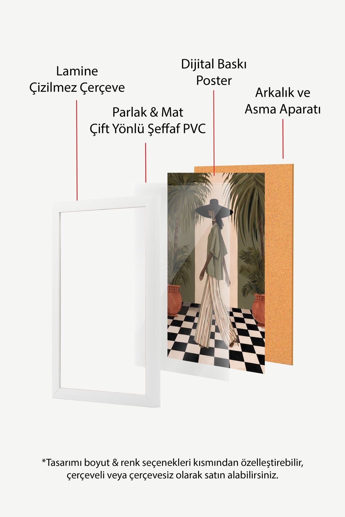 Palmiye Ağaçları ve Kadın Figürü Poster – Beyaz Çerçeveli Tablo