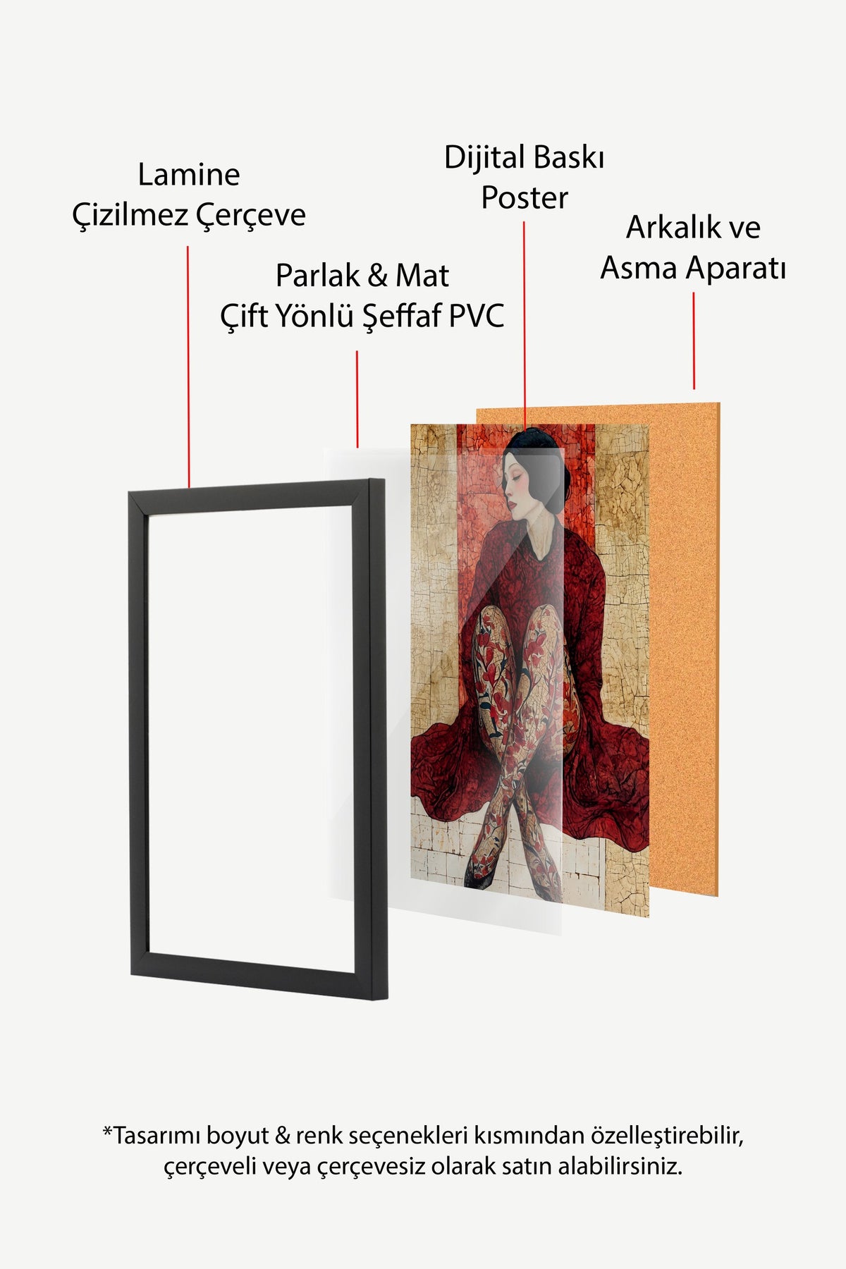 Kırmızı Elbiseli Kadın Figürü Poster – Siyah Çerçeveli Tablo
