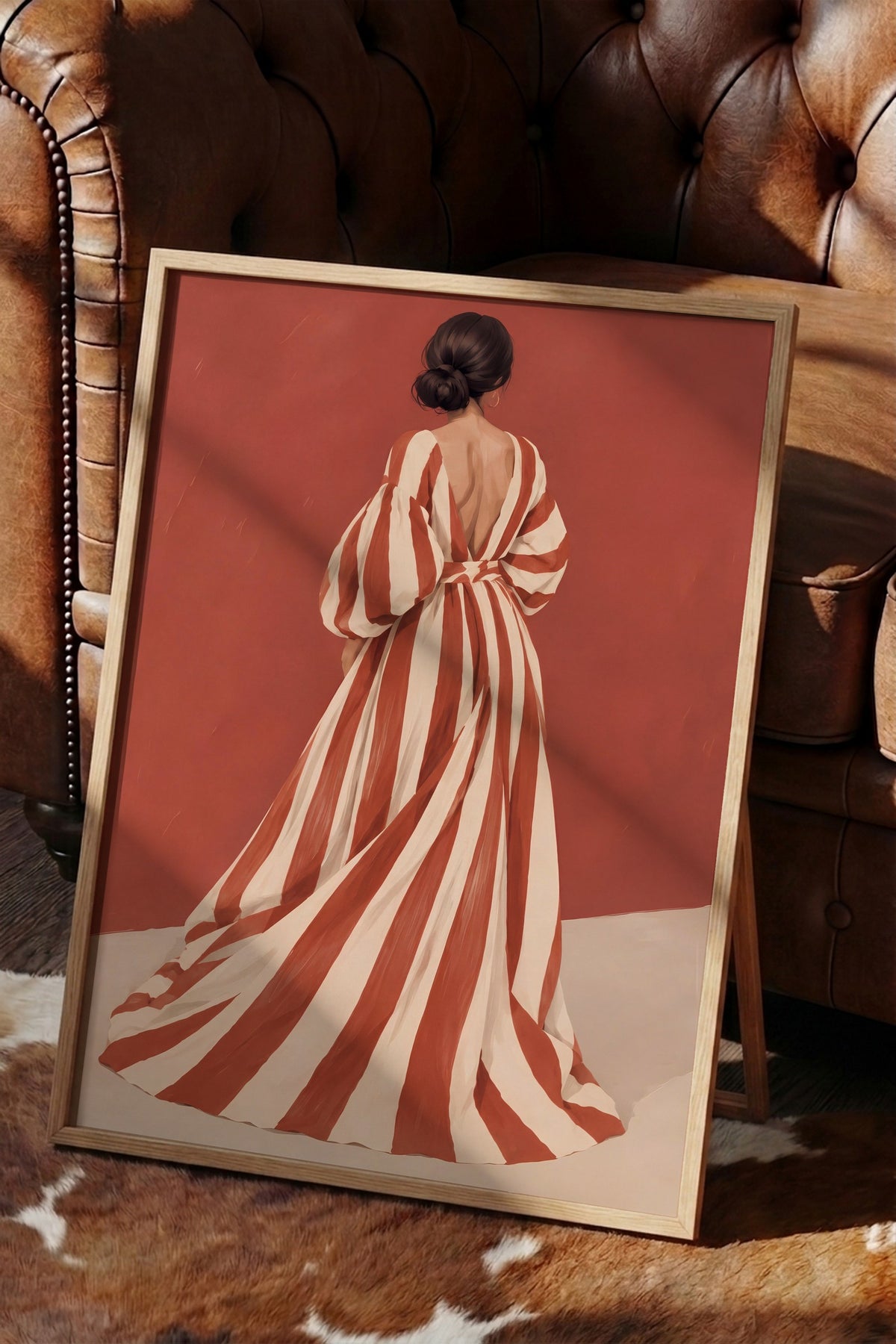 Kırmızı Çizgili Elbise ile Kadın Poster – Ahşap Çerçeveli Tablo