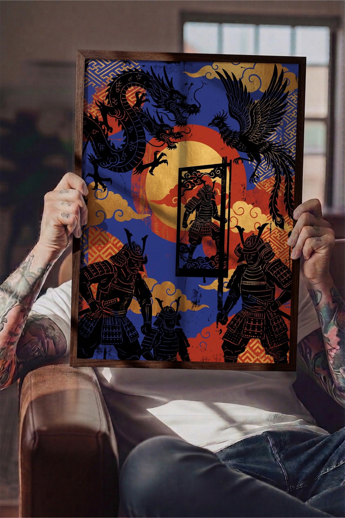 Ejderha ve Samuray Savaşçıları Poster – Kahverengi Çerçeveli Tablo