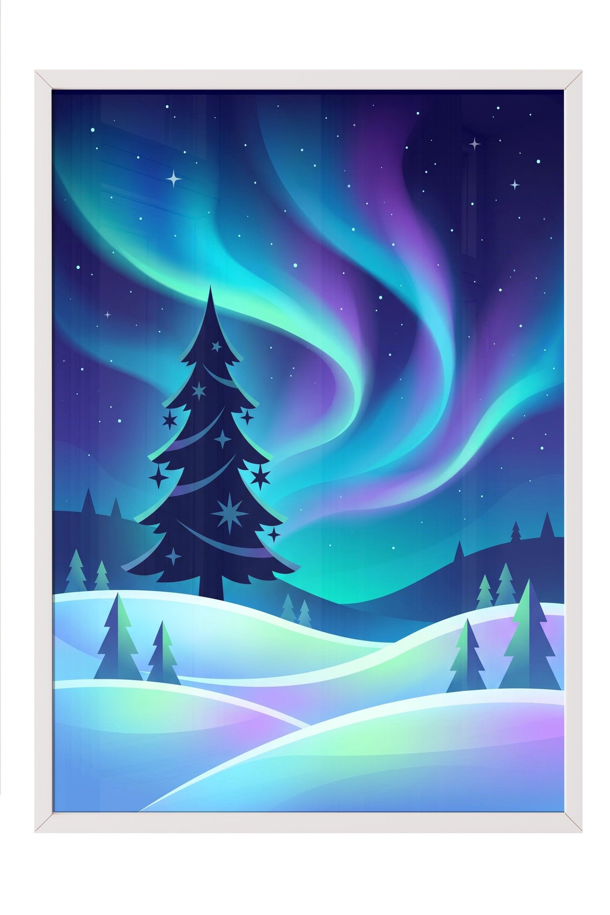 Aurora ve Çam Ağaçları Poster – Beyaz Çerçeveli Tablo