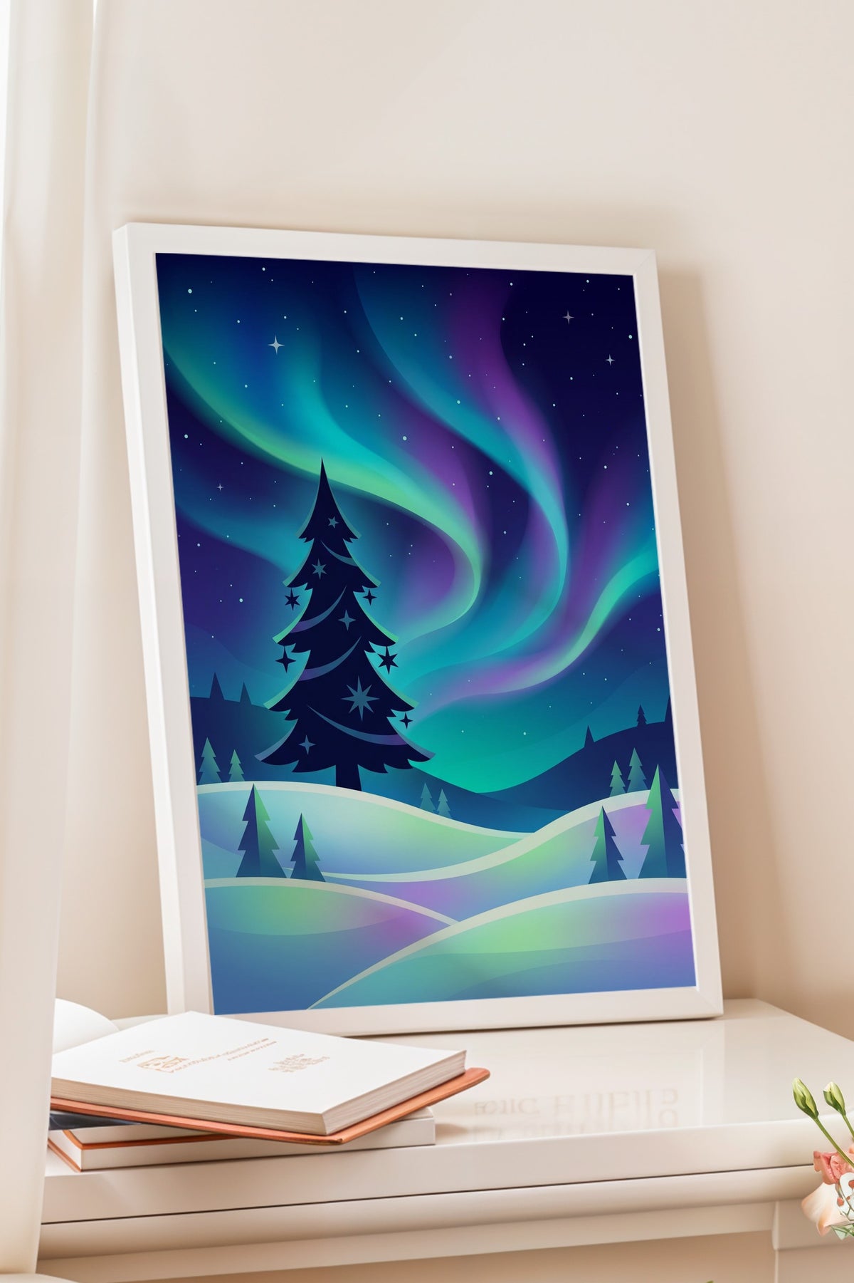 Aurora ve Çam Ağaçları Poster – Beyaz Çerçeveli Tablo