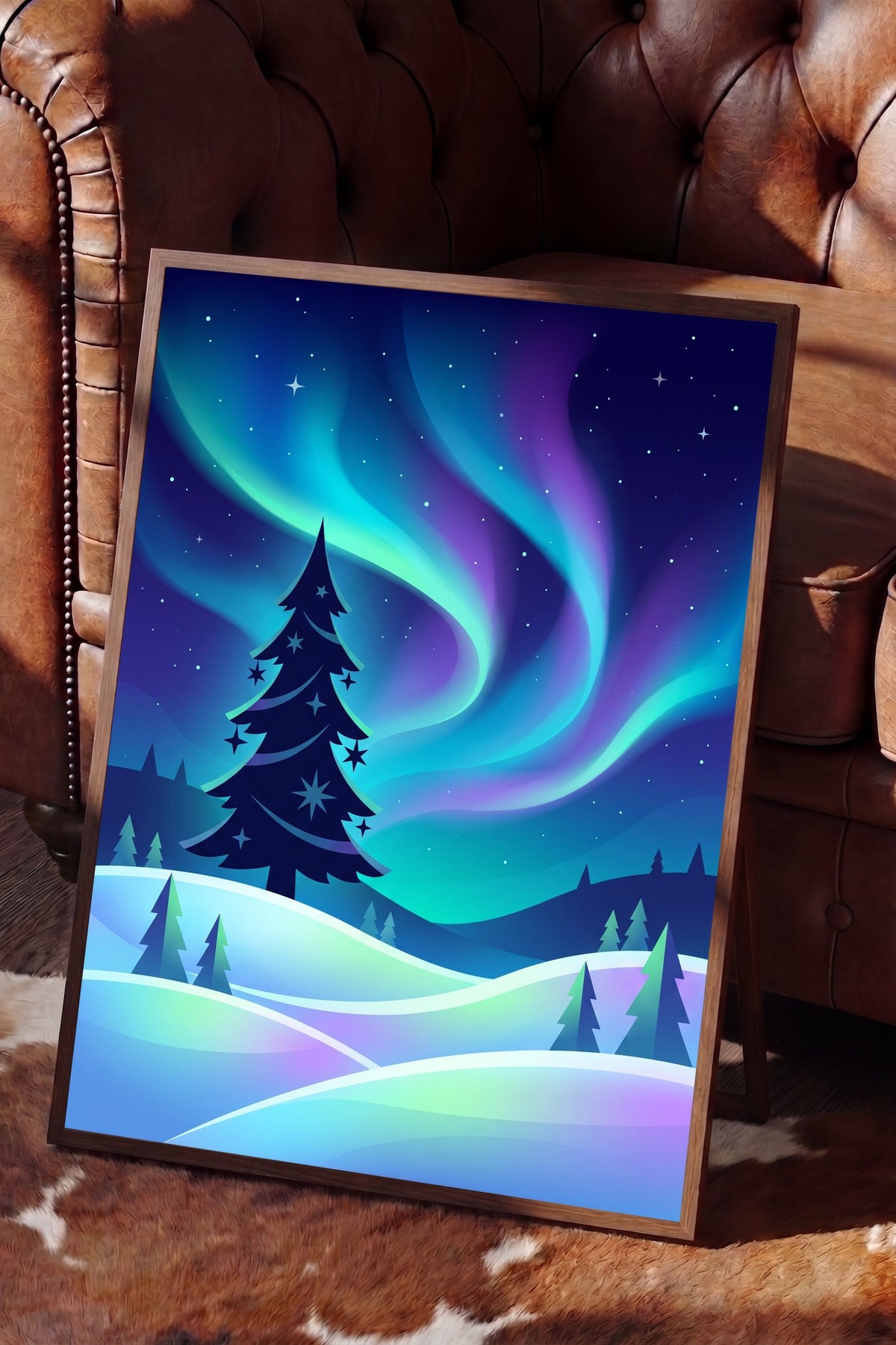 Aurora ve Çam Ağaçları Poster – Kahverengi Çerçeveli Tablo