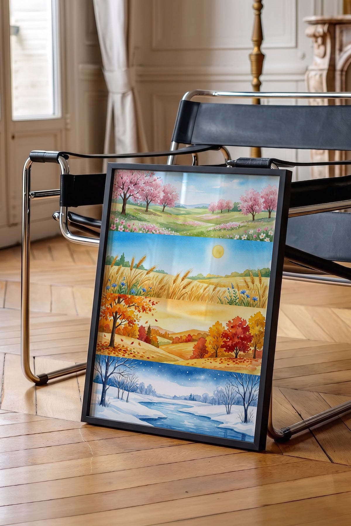 Dört Mevsim Manzara Tablosu Poster – Siyah Çerçeveli Tablo