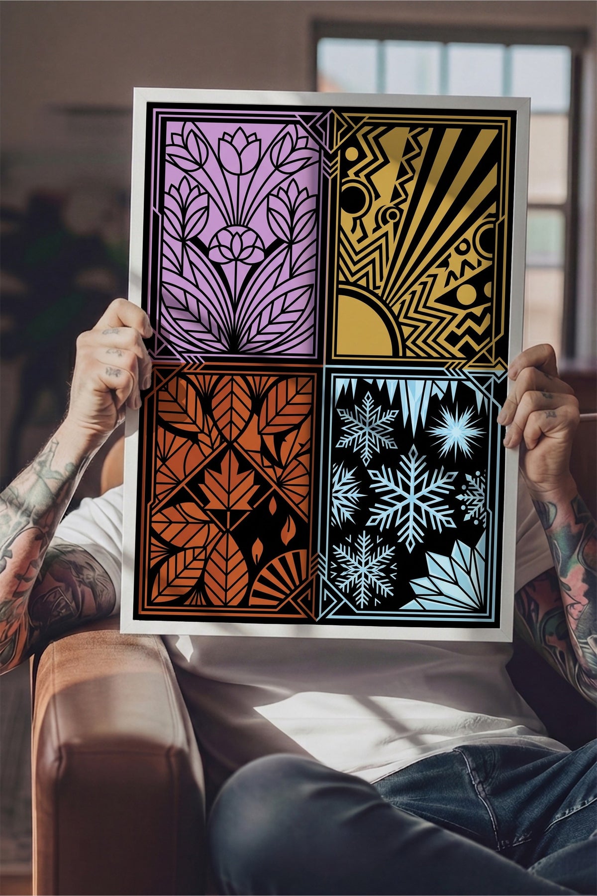 Dört Mevsim Stilize Desenler Poster – Beyaz Çerçeveli Tablo