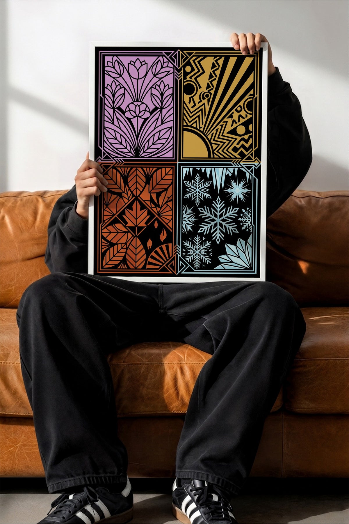 Dört Mevsim Stilize Desenler Poster – Beyaz Çerçeveli Tablo