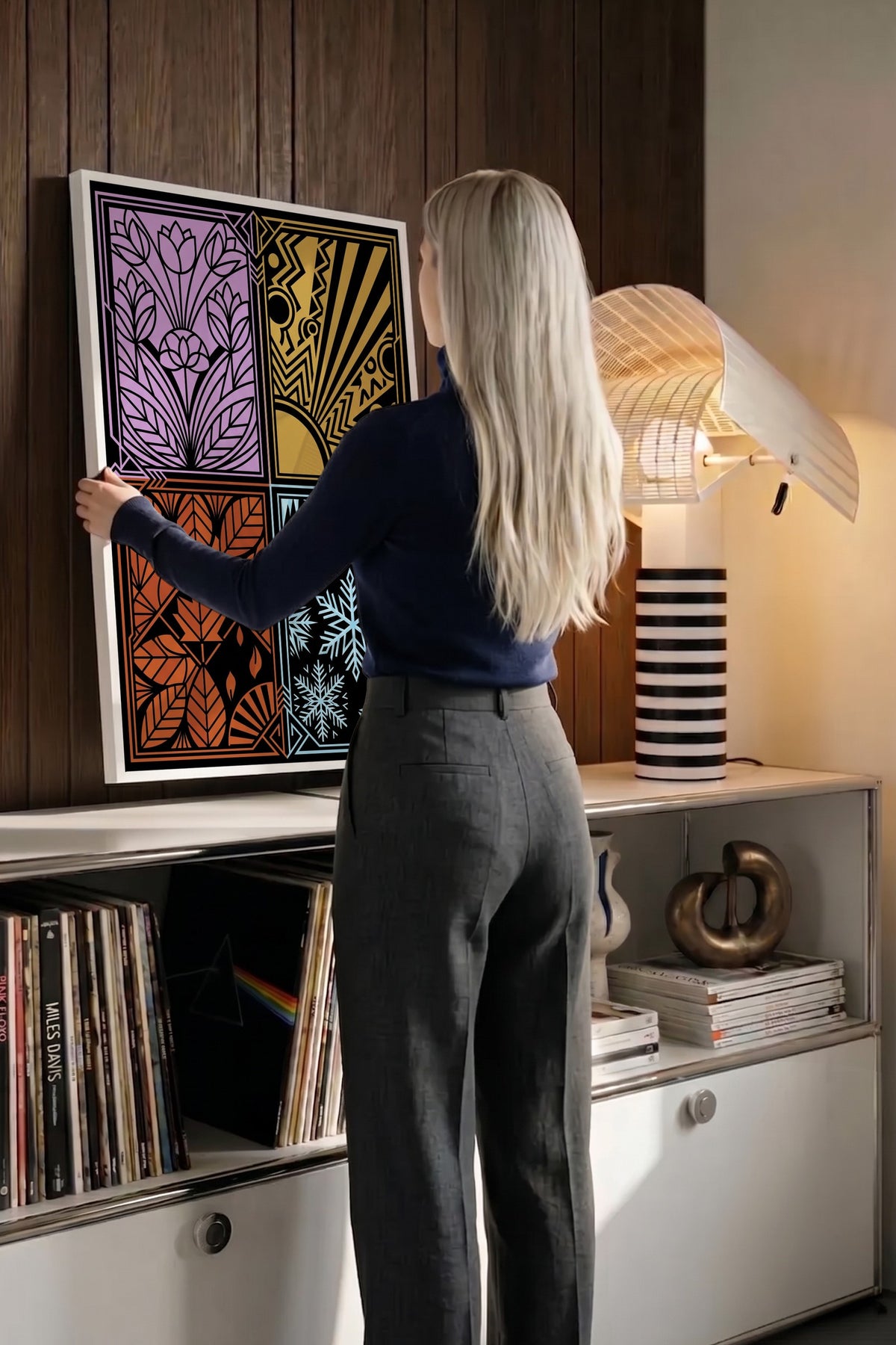 Dört Mevsim Stilize Desenler Poster – Beyaz Çerçeveli Tablo