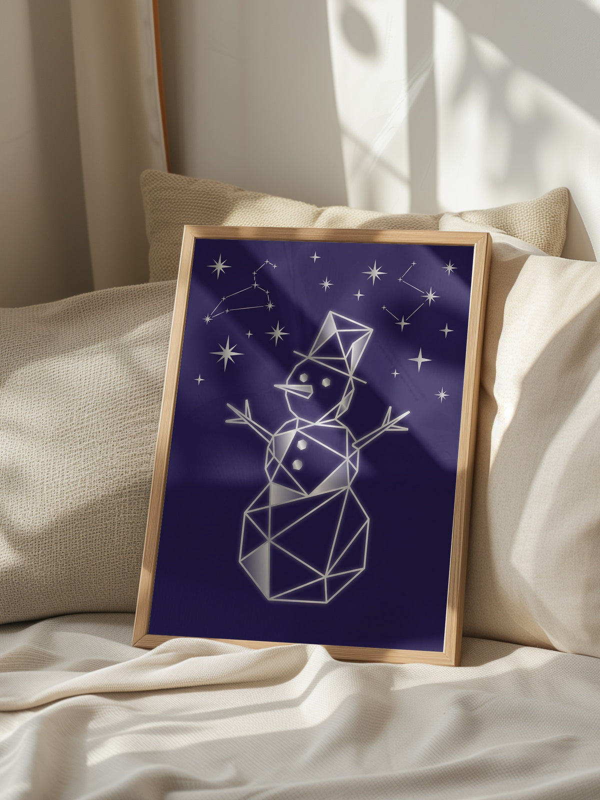 Geometrik Kardan Adam ve Yıldızlar Poster – Ahşap Çerçeveli Tablo