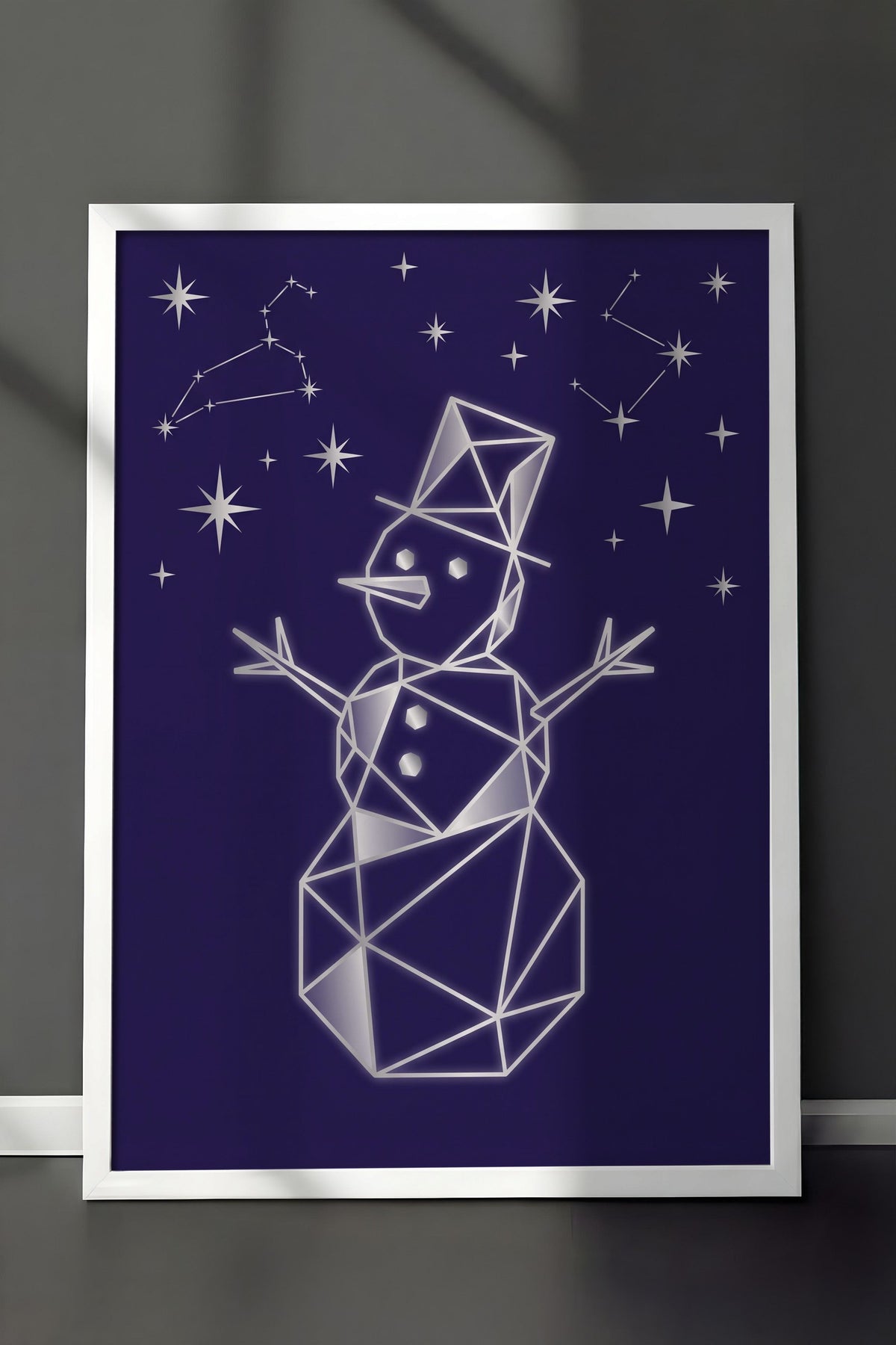 Geometrik Kardan Adam ve Yıldızlar Poster – Beyaz Çerçeveli Tablo