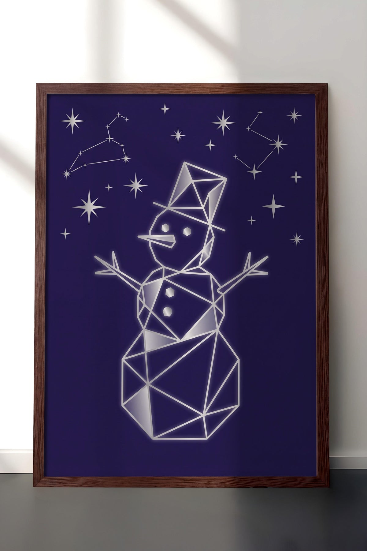 Geometrik Kardan Adam ve Yıldızlar Poster – Kahverengi Çerçeveli Tablo