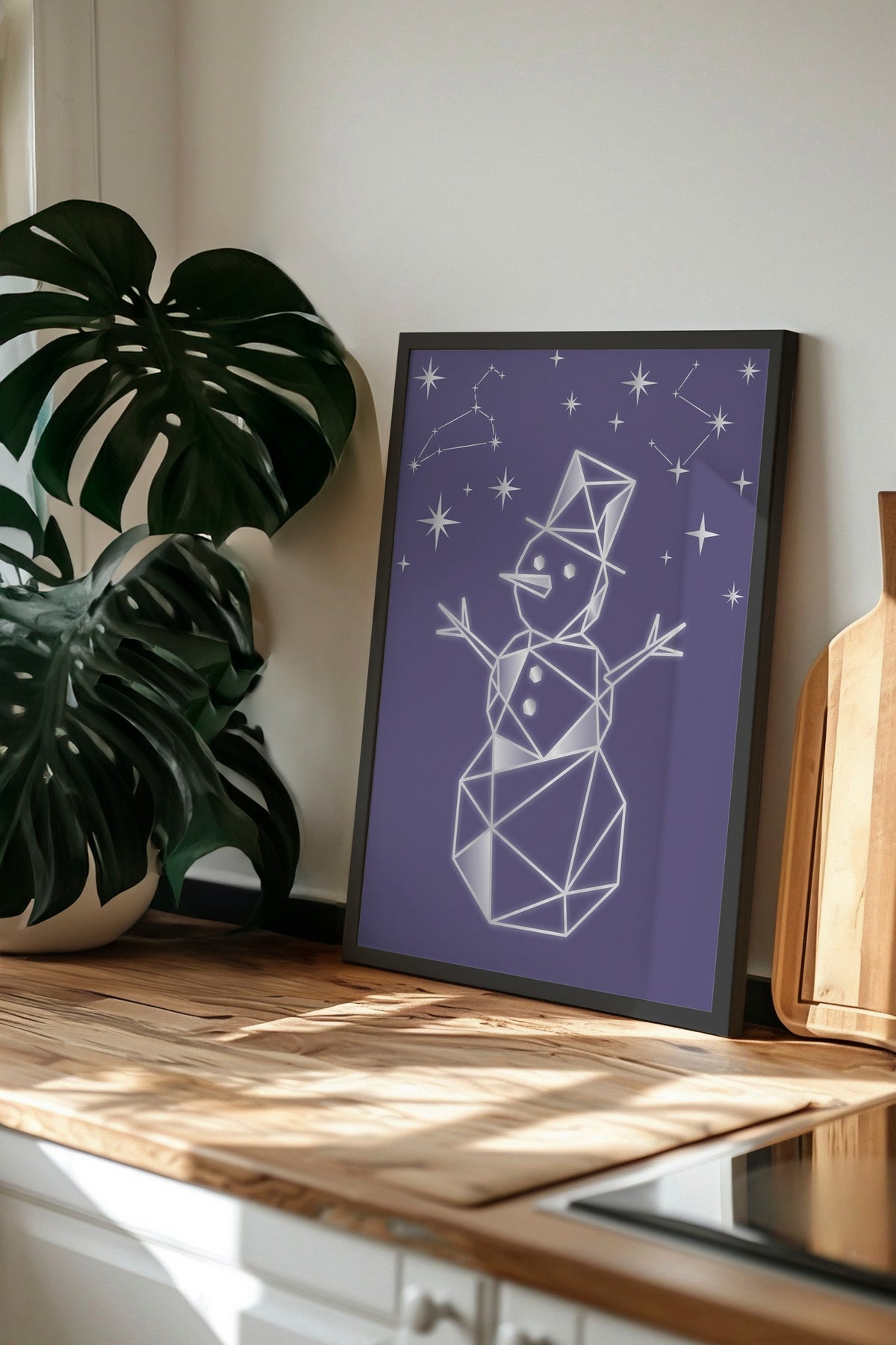 Geometrik Kardan Adam ve Yıldızlar Poster – Siyah Çerçeveli Tablo