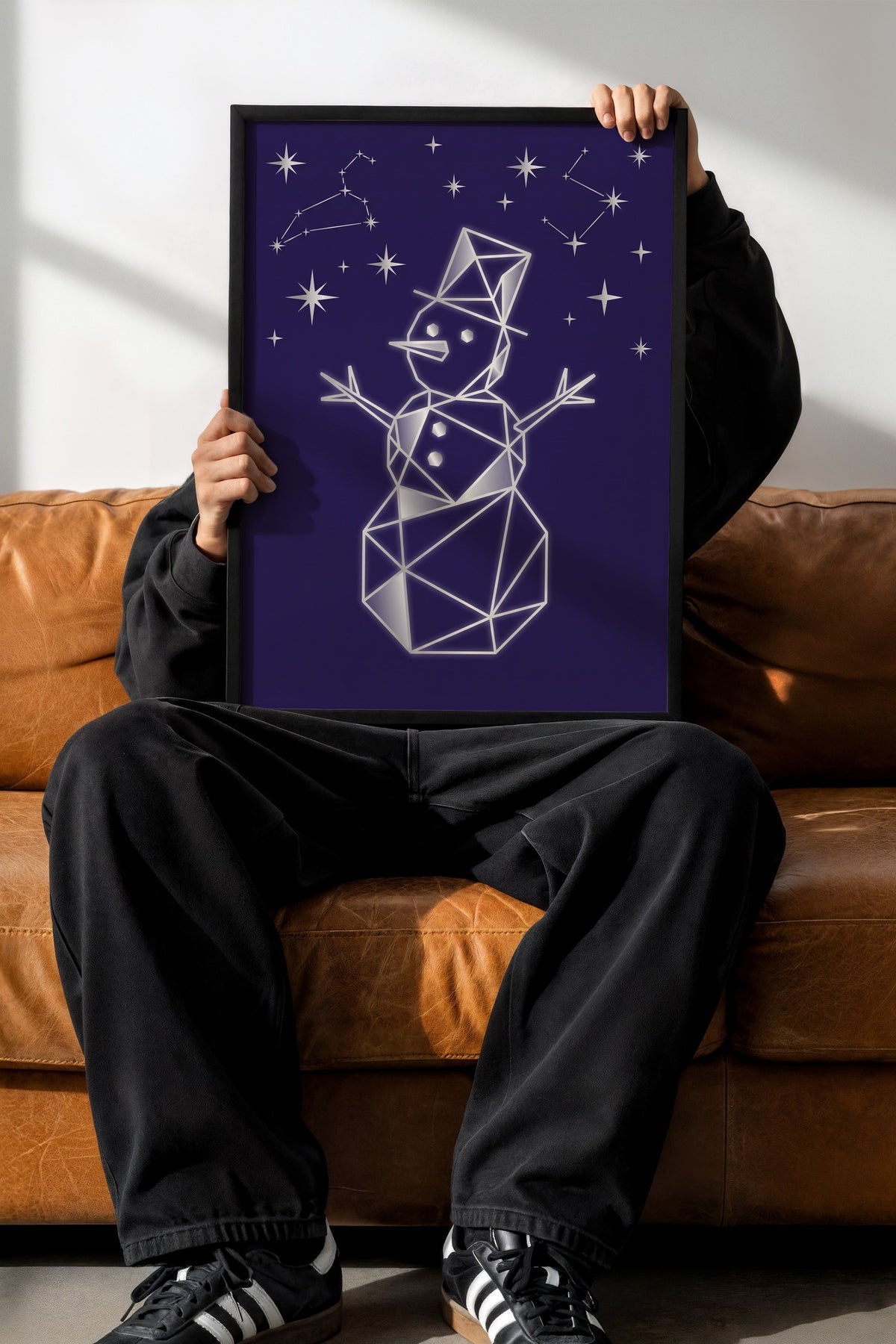 Geometrik Kardan Adam ve Yıldızlar Poster – Siyah Çerçeveli Tablo