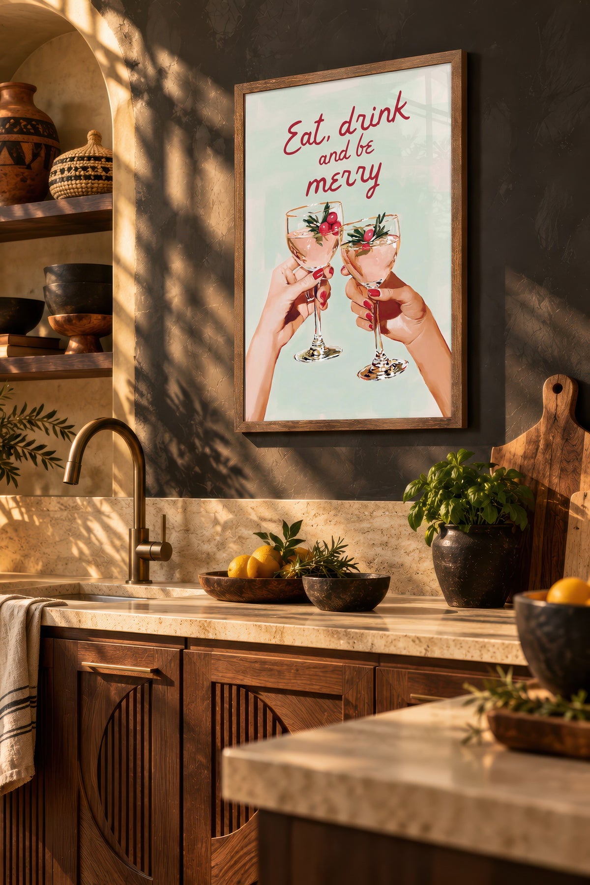 Eat, drink and be merry Poster – Kahverengi Çerçeveli Tablo