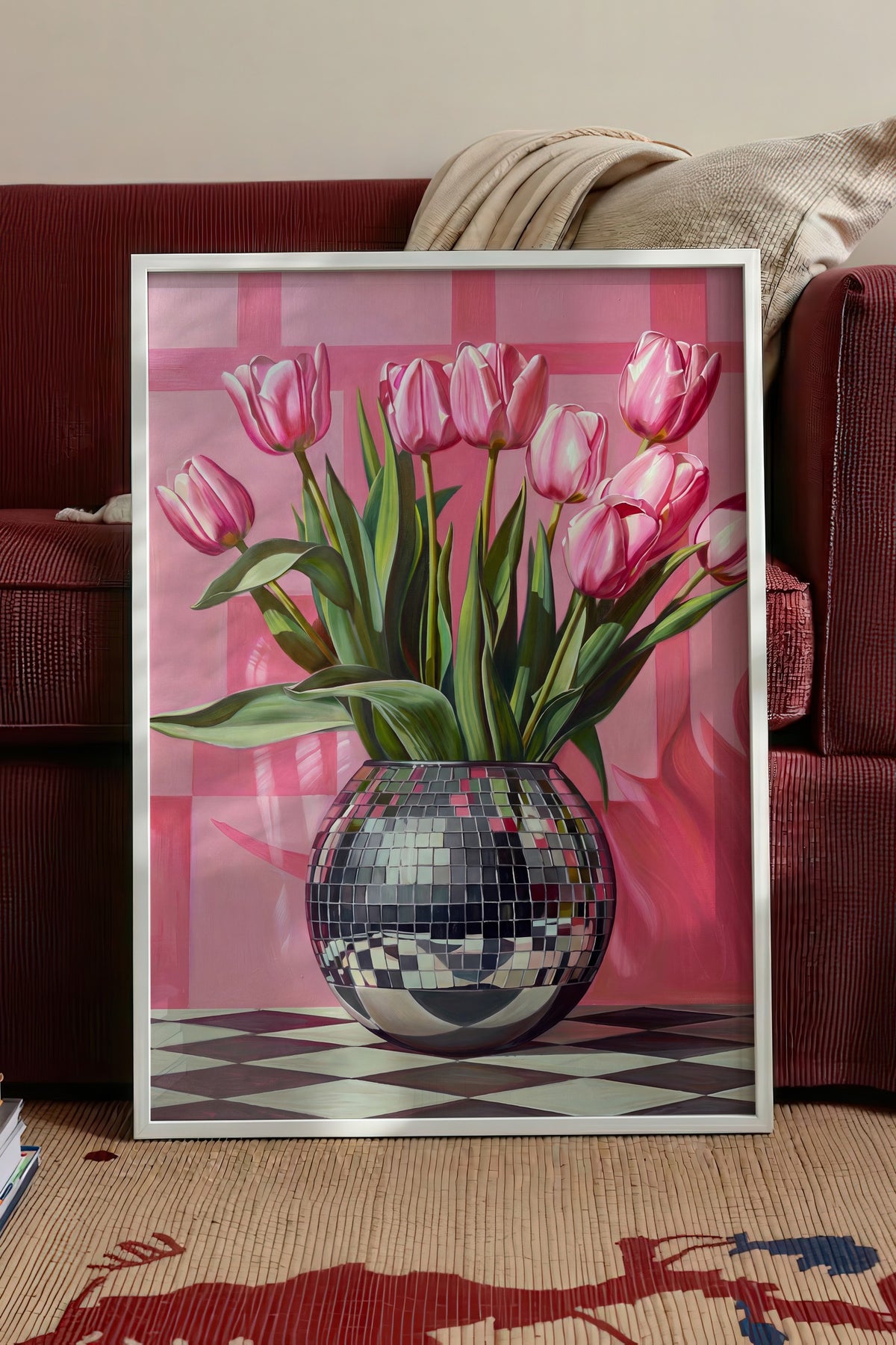 Vazoda Pembe Laleler Poster – Beyaz Çerçeveli Tablo