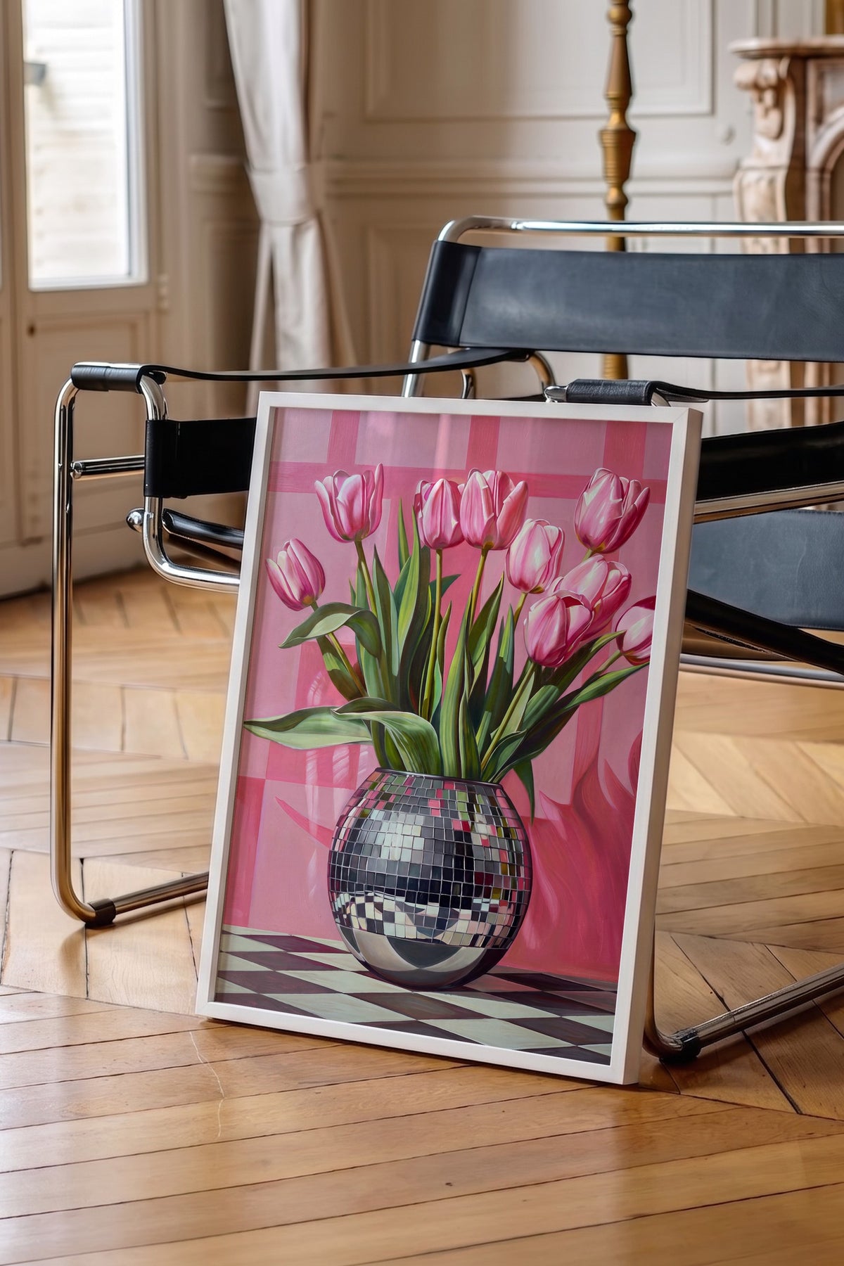 Vazoda Pembe Laleler Poster – Beyaz Çerçeveli Tablo