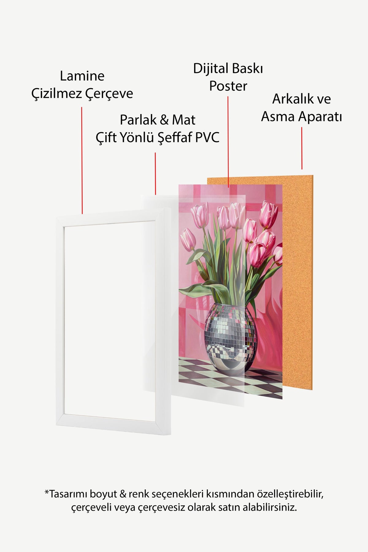Vazoda Pembe Laleler Poster – Beyaz Çerçeveli Tablo